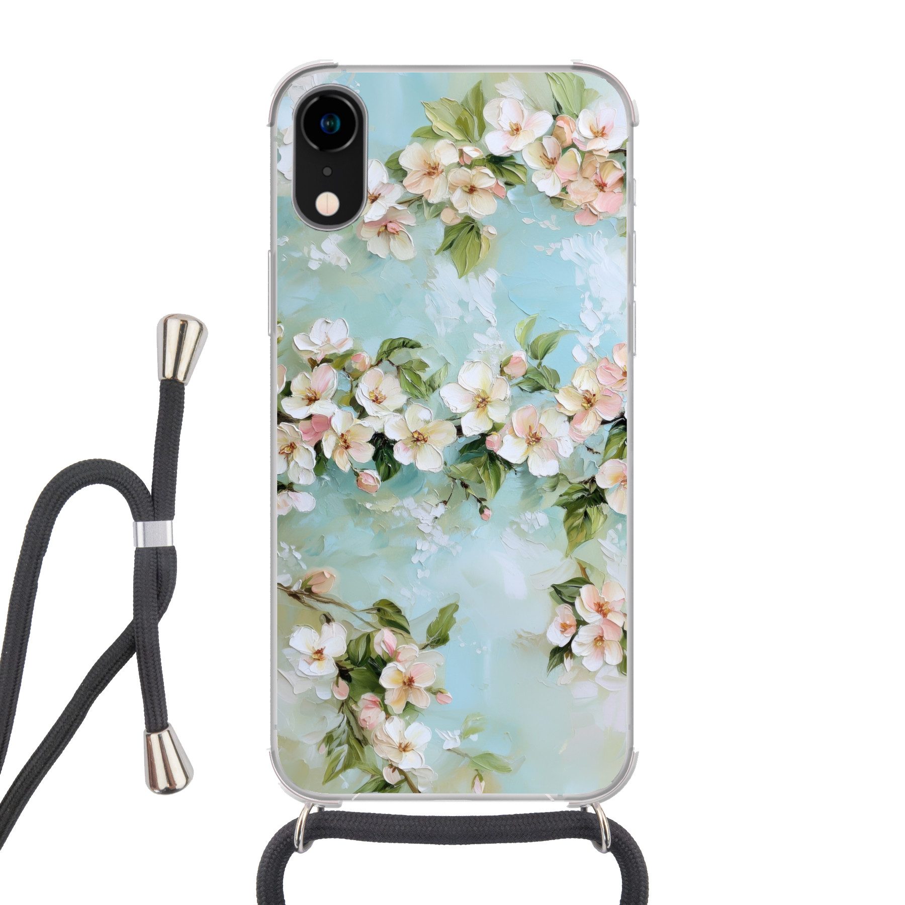 MuchoWow Handyhülle für Apple iPhone XR Blüte - Blätter - Hellblau, Tragbare Handyhüllen mit Kette zum umhängen, Handykette Handyband