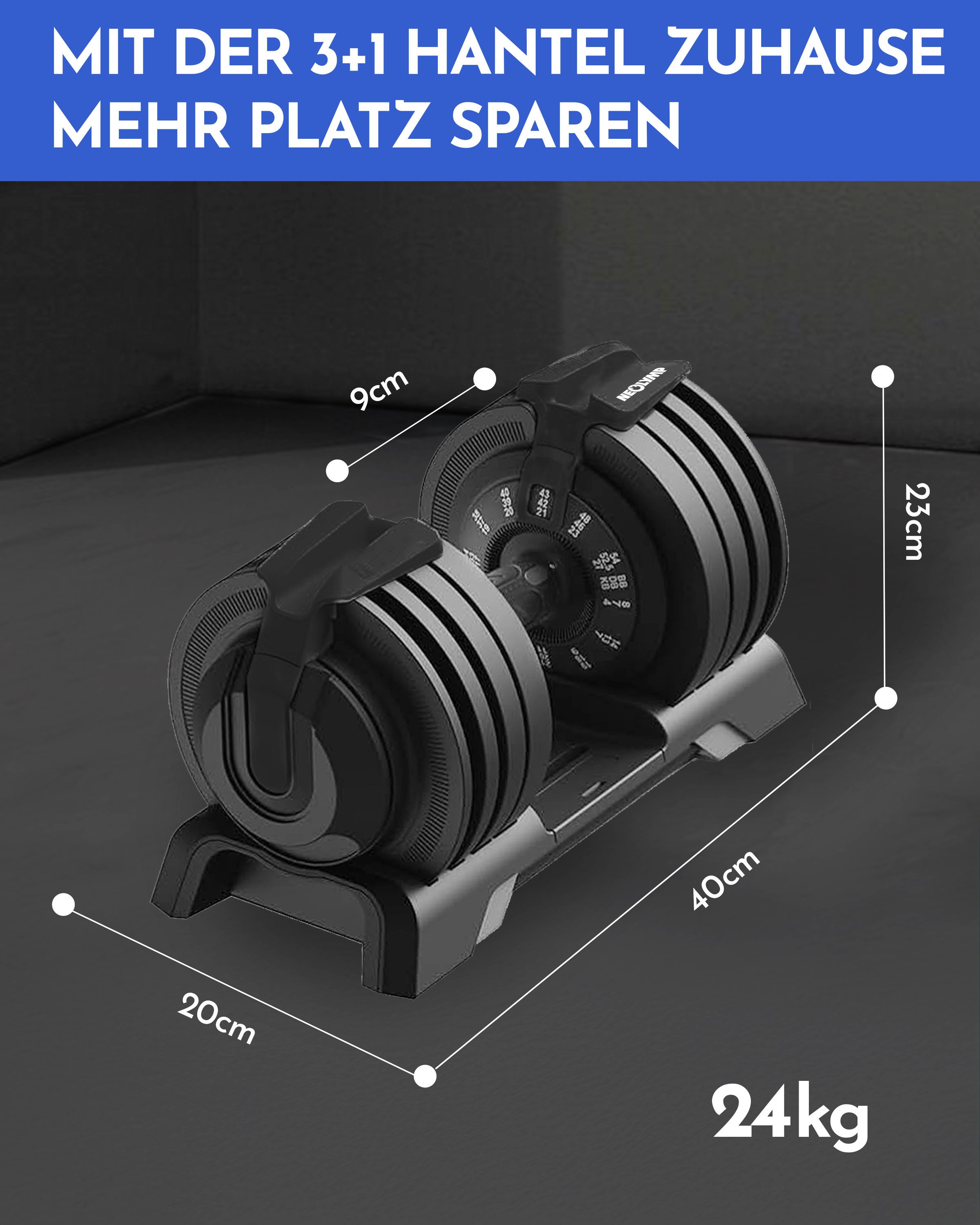 NEOLYMP Kurzhantel Hanteln verstellbar 2-40kg- 8-12 Gewichtsstufen mit Drehgriff-Dumbbell, (Ergonomisch, rutschfest und platzsparend - Hanteln verstellbar), 1 x 24kg