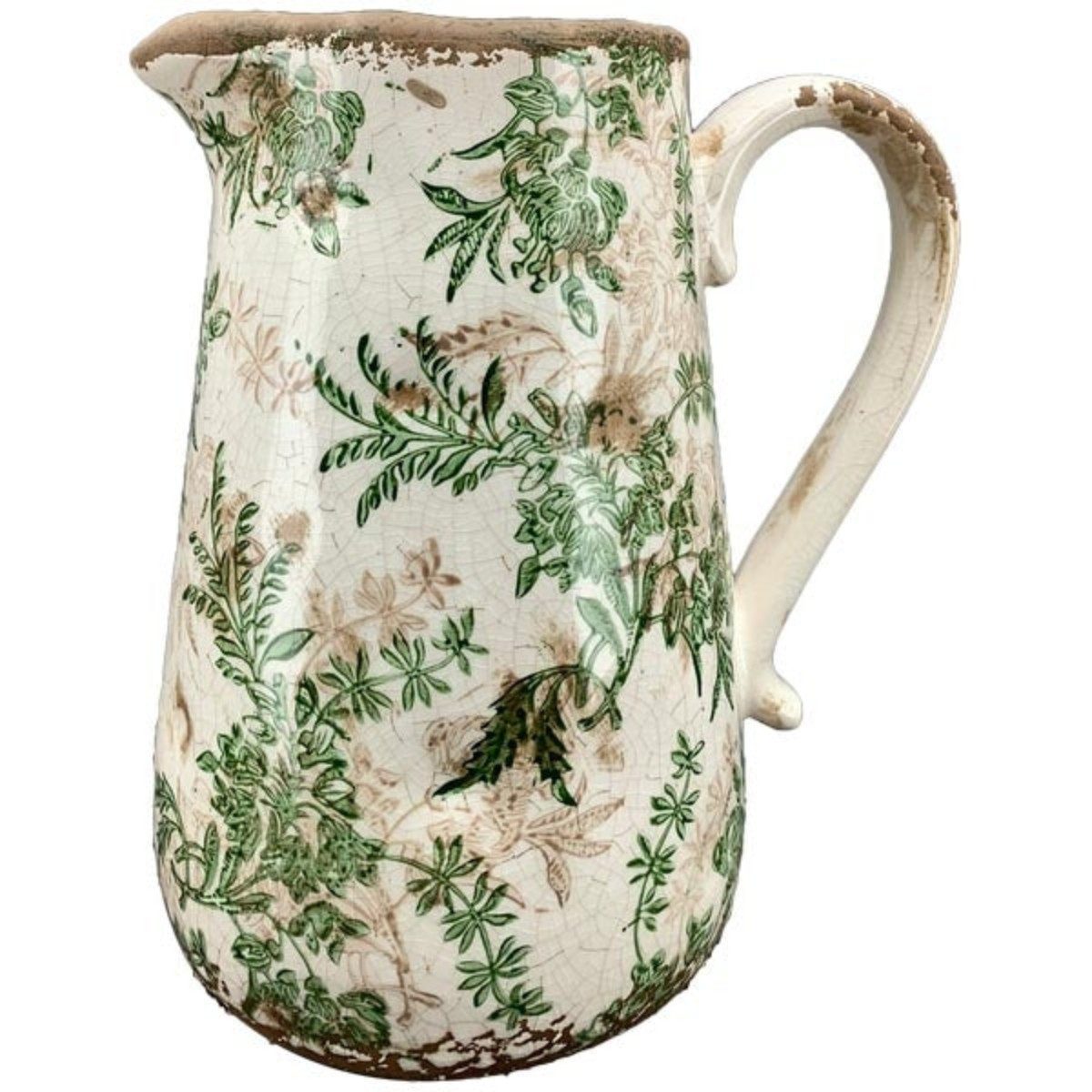 finehomegarden Dekovase Keramikvase mit Griff Krug H23cm Tischvase Vase Keramik Blumenvasen (1 St), Deko Vase Rustikales Antikes Dekor Shabby Antik grün-creme kraklee