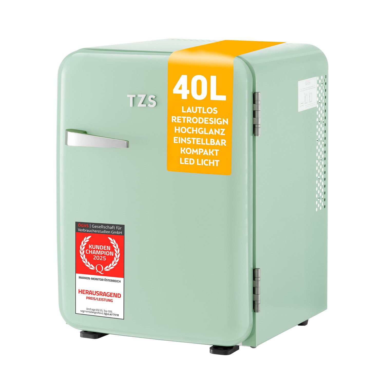 TZS FIRST AUSTRIA Table Top Kühlschrank 40L Retro Lautlos, LED-Beleuchtung FA-5172-3-GL, 56.2 cm hoch, 41 cm breit, Mini Kühlschrank 40L, Minibar E lautlos, LED-Beleuchtung, Retro