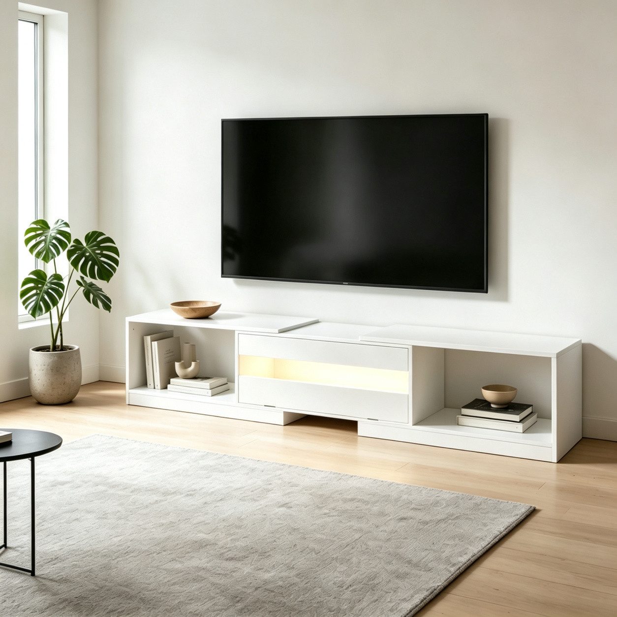 FUFU&GAGA Lowboard 140-200cm TV-Board Hochglanz LED, Weiß/Schwarz, ausziehbar – Bild 3 von 5