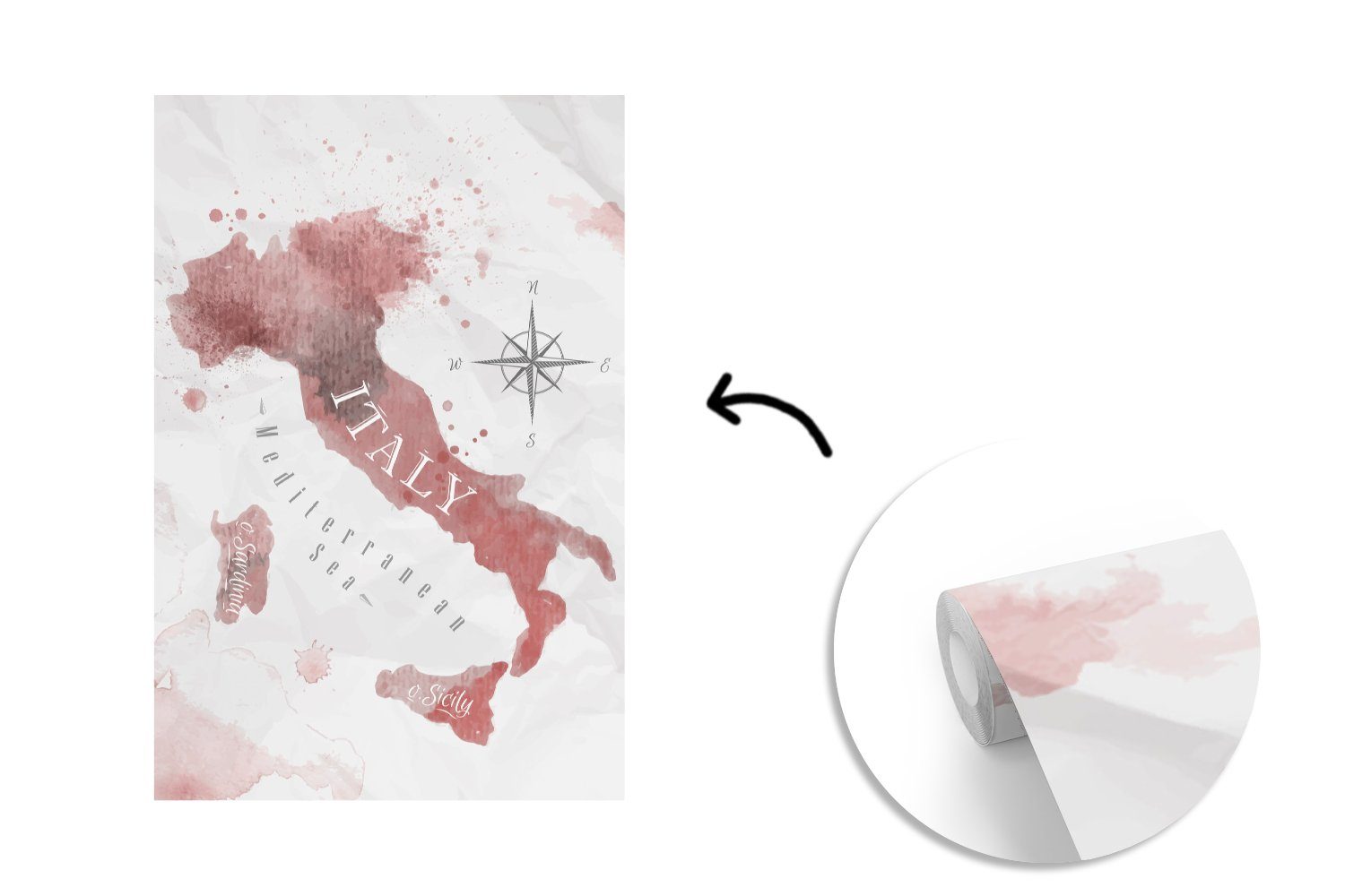 MuchoWow Fototapete Karte - Italien Montagefertig Wandtapete bedruckt, Tapete - Vinyl St), Wohnzimmer, Aquarell für (3 Matt, - Rosa