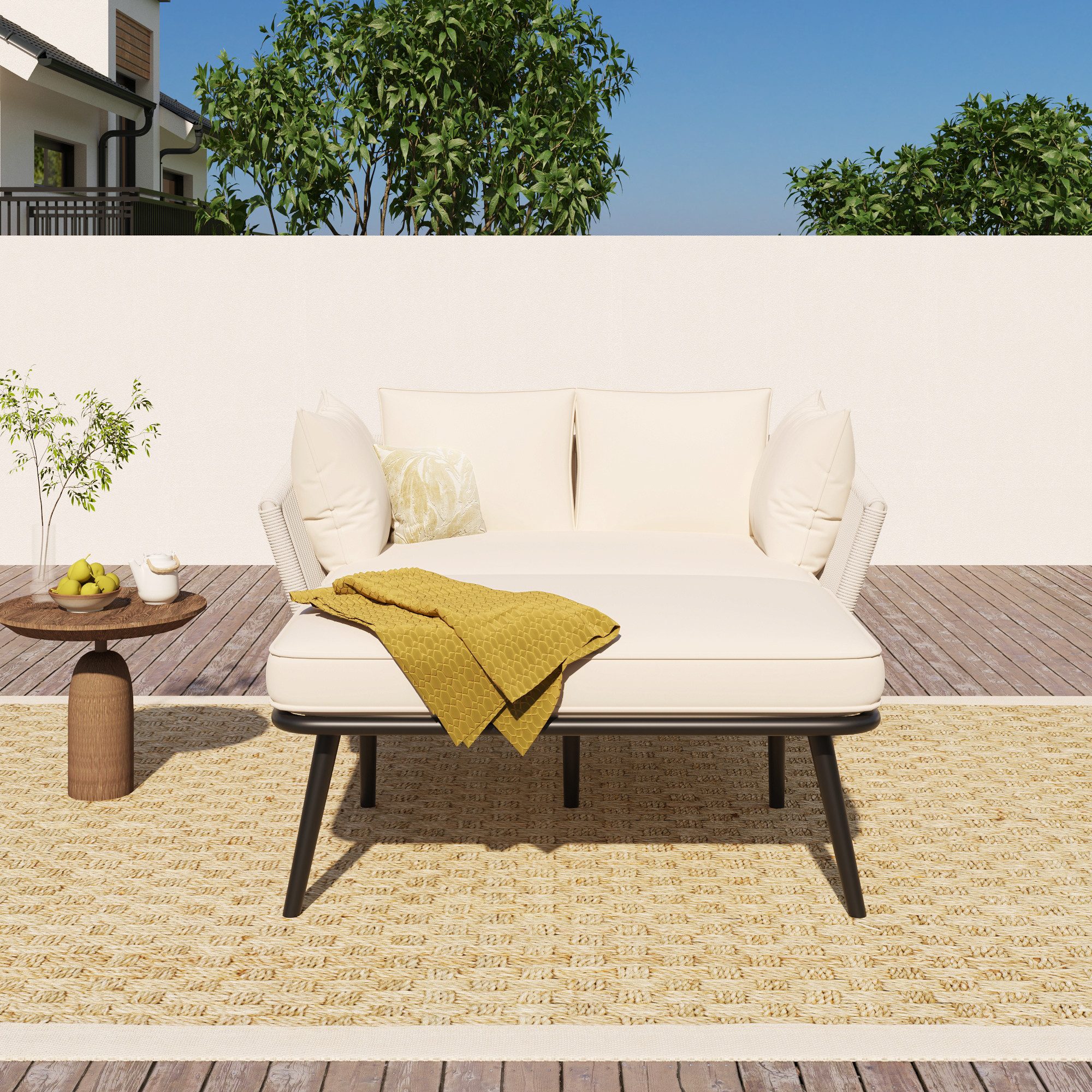 MC Star Gartenlounge-Set Gartensofa mit 2 Kissen und 2 Polster,Sonnenliege im Außenbereich, (Gartenlounge, Balkonmöbel-Set, Loungemöbel, Terrassenmöbel,Kissen sind abnehmbar und waschbar, Beige)