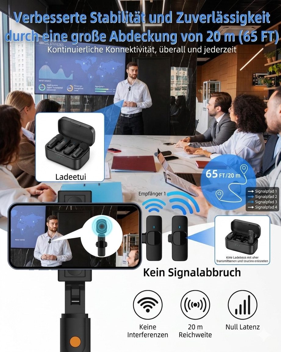DayDup Mikrofon Kabelloses Lavaliermikrofon mit USB C und Lightning Adapter Set (Kabelloses Smartphone Mikrofon Set für Video und Live Streaming), Kabelloses La – Bild 4 von 5
