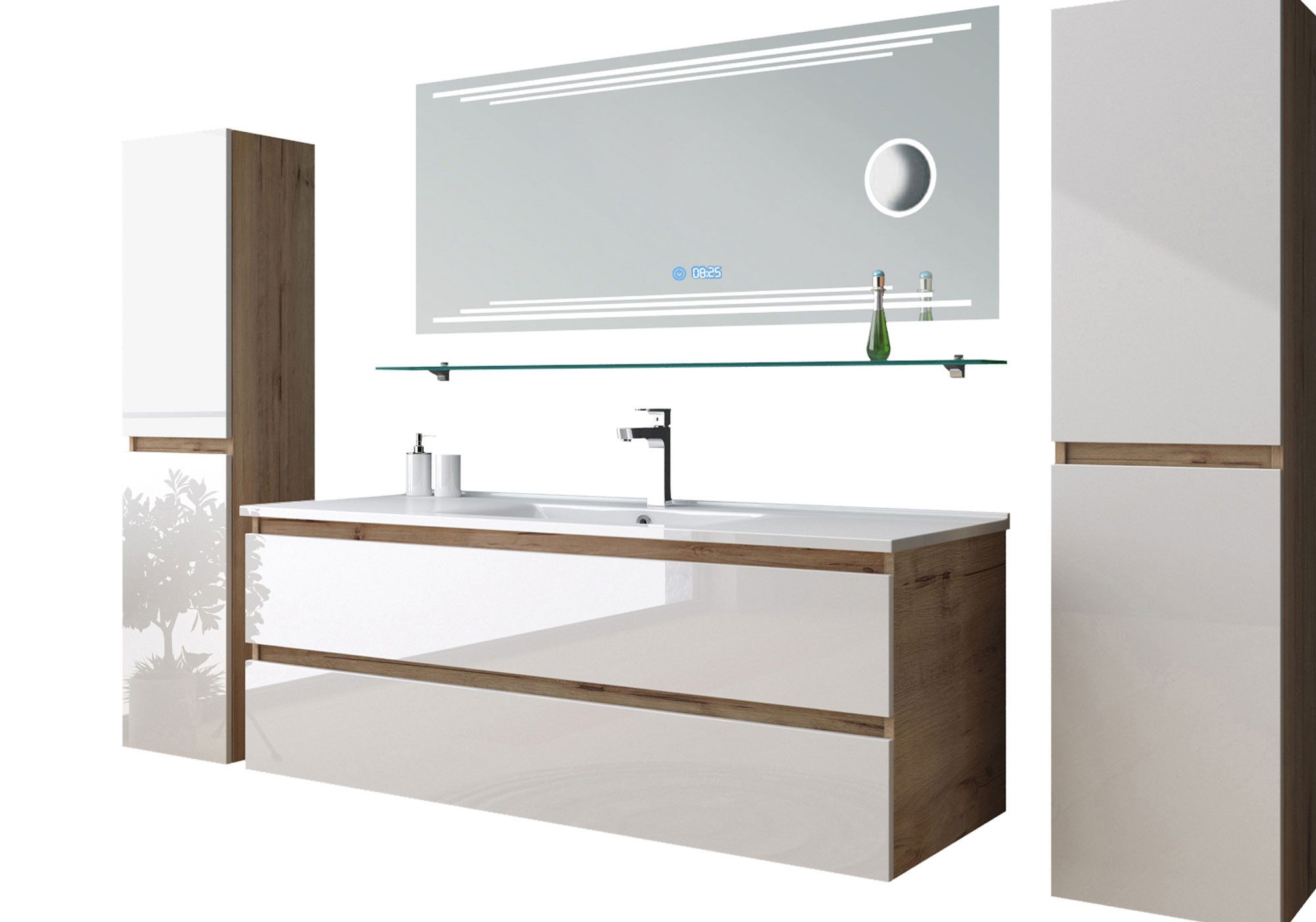 Homeline Badmöbel-Set Leonard badmöbel Set Eiche/Weiß Kosmetik Spiegel 60 90 120 cm, (BadMöbel Set, 4-St., Badezimmer Möbel)