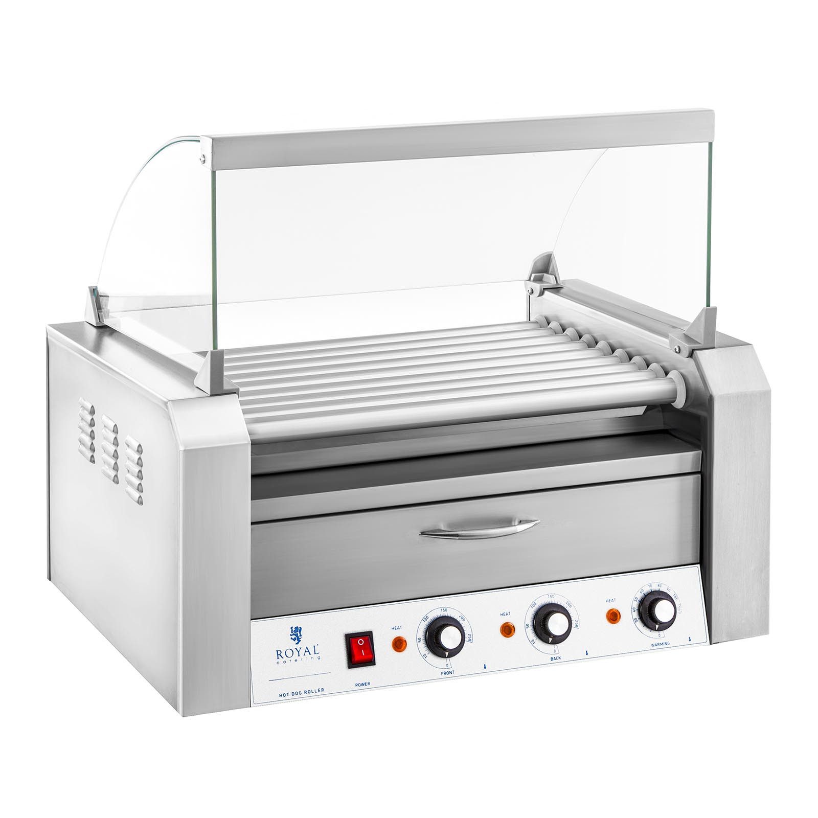 Royal Catering Elektrogrill Hot Dog Grill 2 Zonen Edelstahl Rollengrill Würstchengrill 9 Rollen, 1850 W, verschiedene Größen