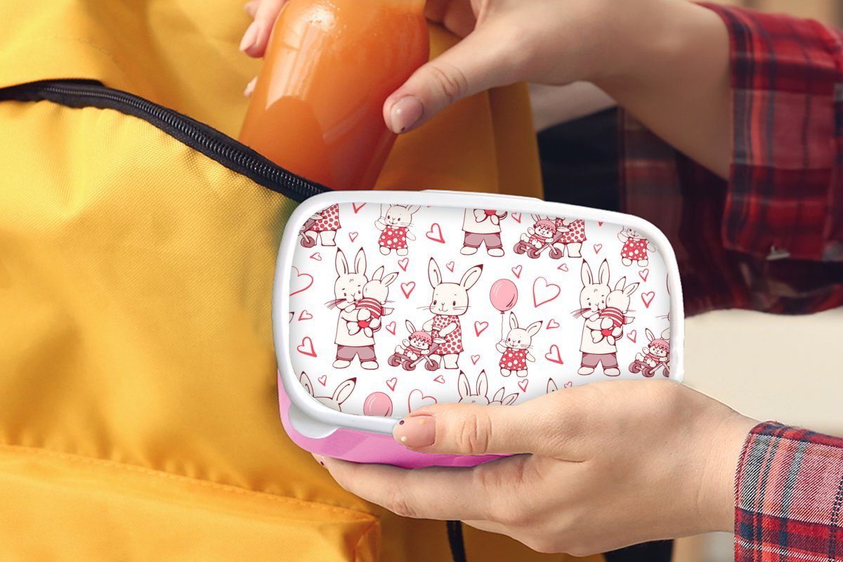 Kaninchen Brotdose Muster, MuchoWow Kinder, (2-tlg), Snackbox, Lunchbox Mädchen, für - Brotbox Kunststoff Erwachsene, - rosa Liebe Kunststoff,