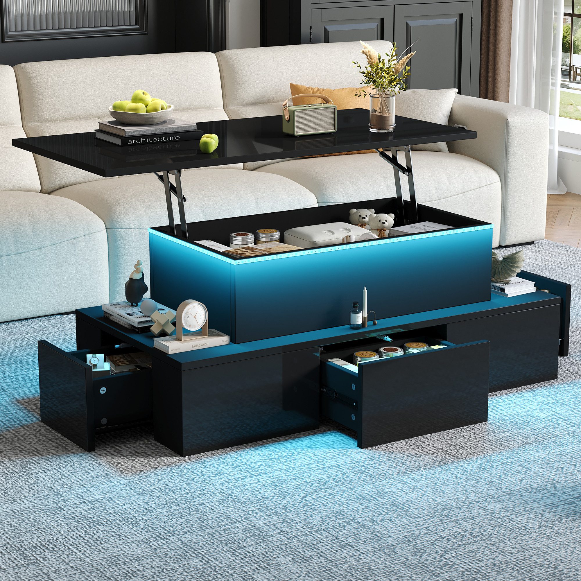 Merax Couchtisch Sofatisch mit LED-Beleuchtung, USB-Anschluss & Hochglanz-Oberfläche (Beistelltisch, 1-St., 100 x 50 x 40 cm), …