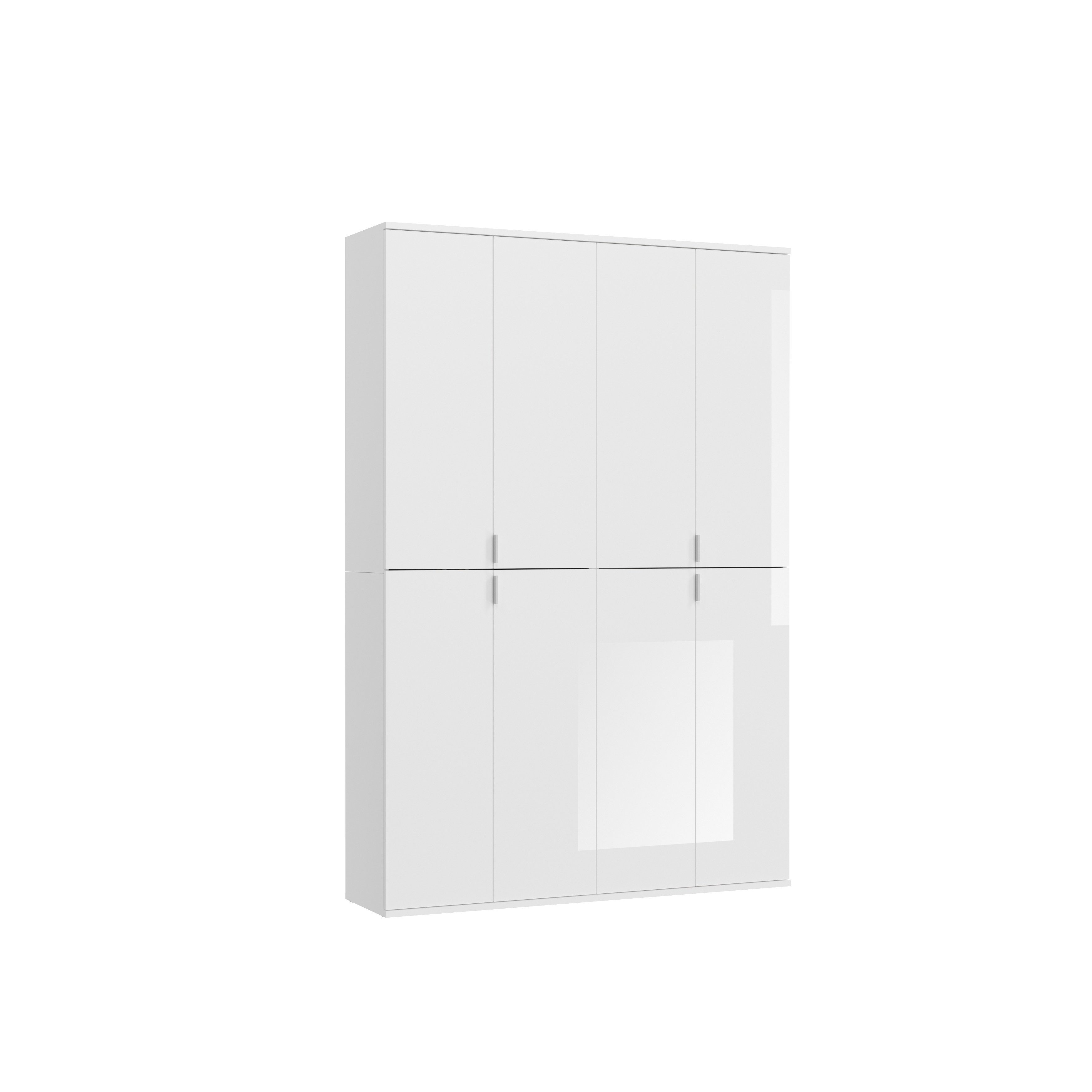 möbelando Garderobenschrank Paterson Eleganter Garderobenschrank aus Spanplatte in Weiß, mit 8 Holztüren, 2 Kleiderstangen und 16 Ablageböden. Breite 130 cm, Höhe 193 cm, Tiefe 34 cm
