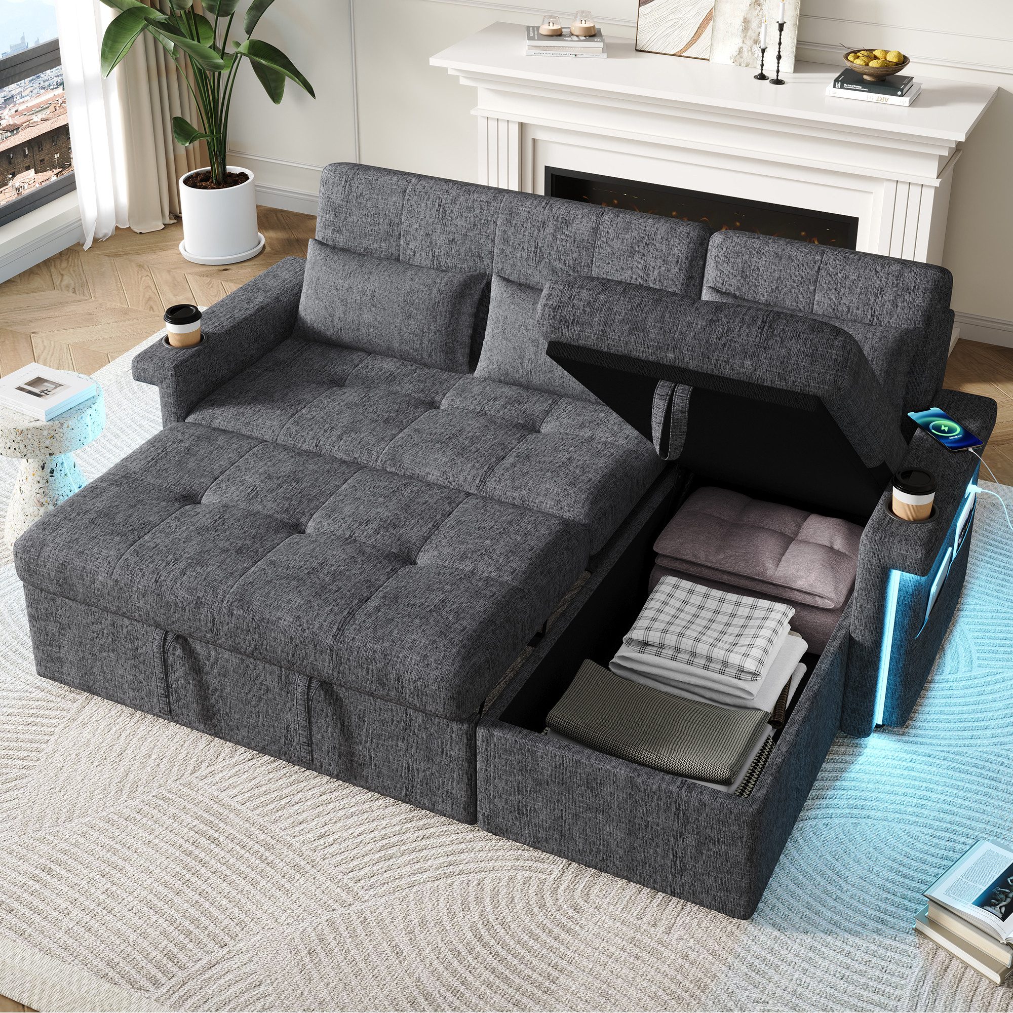 Merax Schlafsofa mit LED-Beleuchtung & USB, Ecksofa mit Schlaffunktion, Chenille 1 Teile, L-förmiges Sofa mit verstellbarer Rückenlehne, Stauraum & 3 Zierkissen