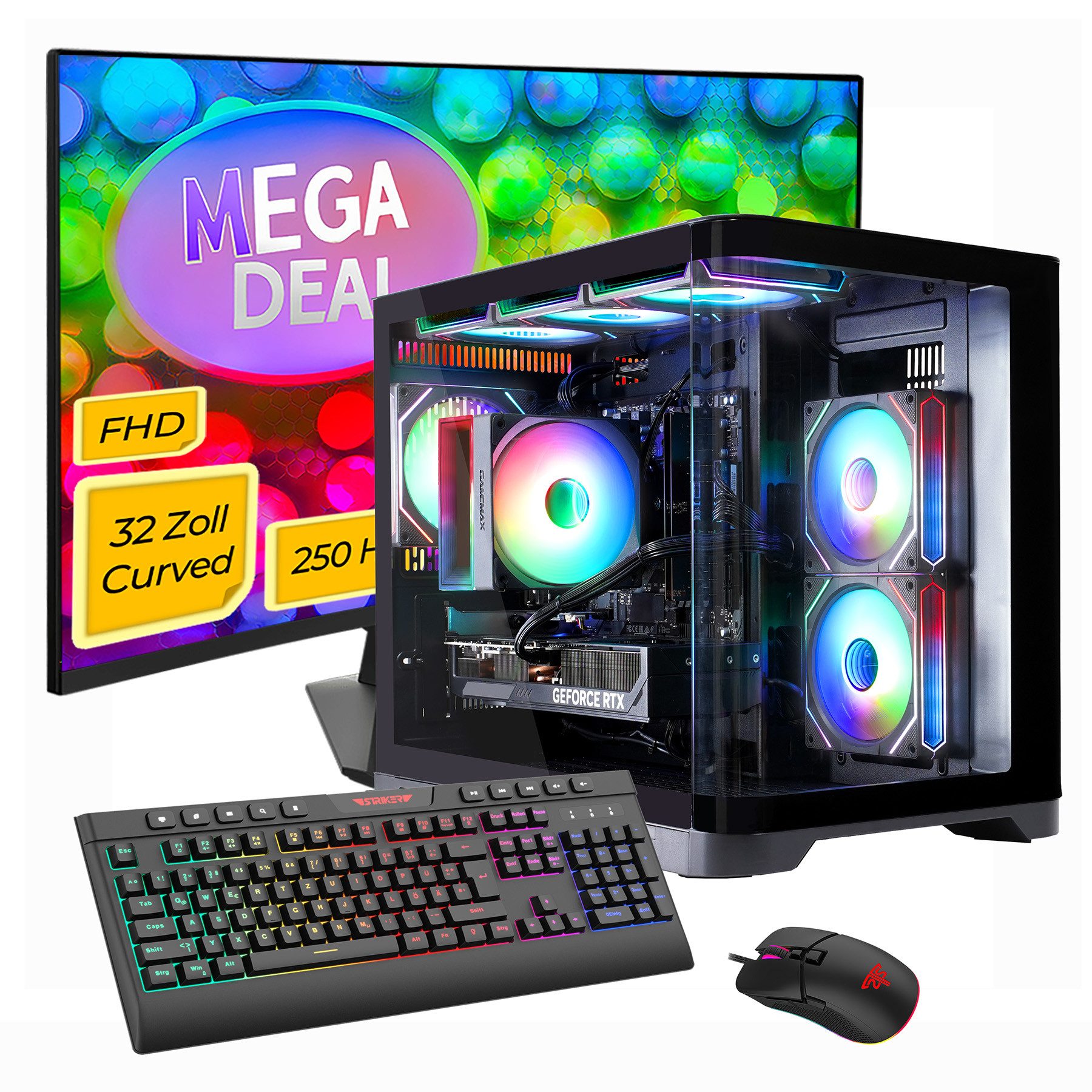 GAMEMAX MegaDeal HYPE-M BK 2754 AMD Ryzen 7 5700X 16GB 480GB SSD RTX 5060 Gaming-PC-Komplettsystem (32", AMD Ryzen 7 5700X, RTX 5060, 16 GB RAM, 480 GB SSD, Windows 11 + MSI MAG 32C6X Gaming Monitor, Curved 80cm (32)