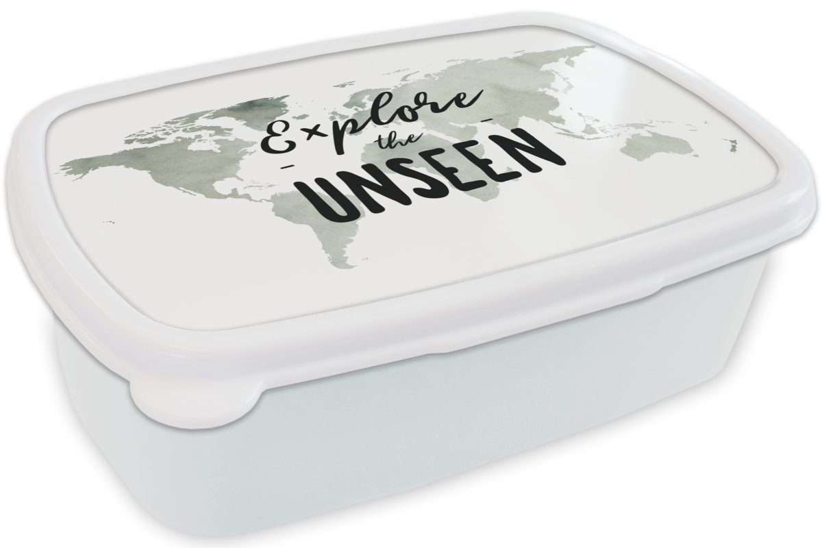 Brotdose, Weiß Jungs MuchoWow Mädchen Lunchbox für Zitat, Erwachsene, Kunststoff, und - - Brotbox Kinder für (2-tlg), und Weltkarte