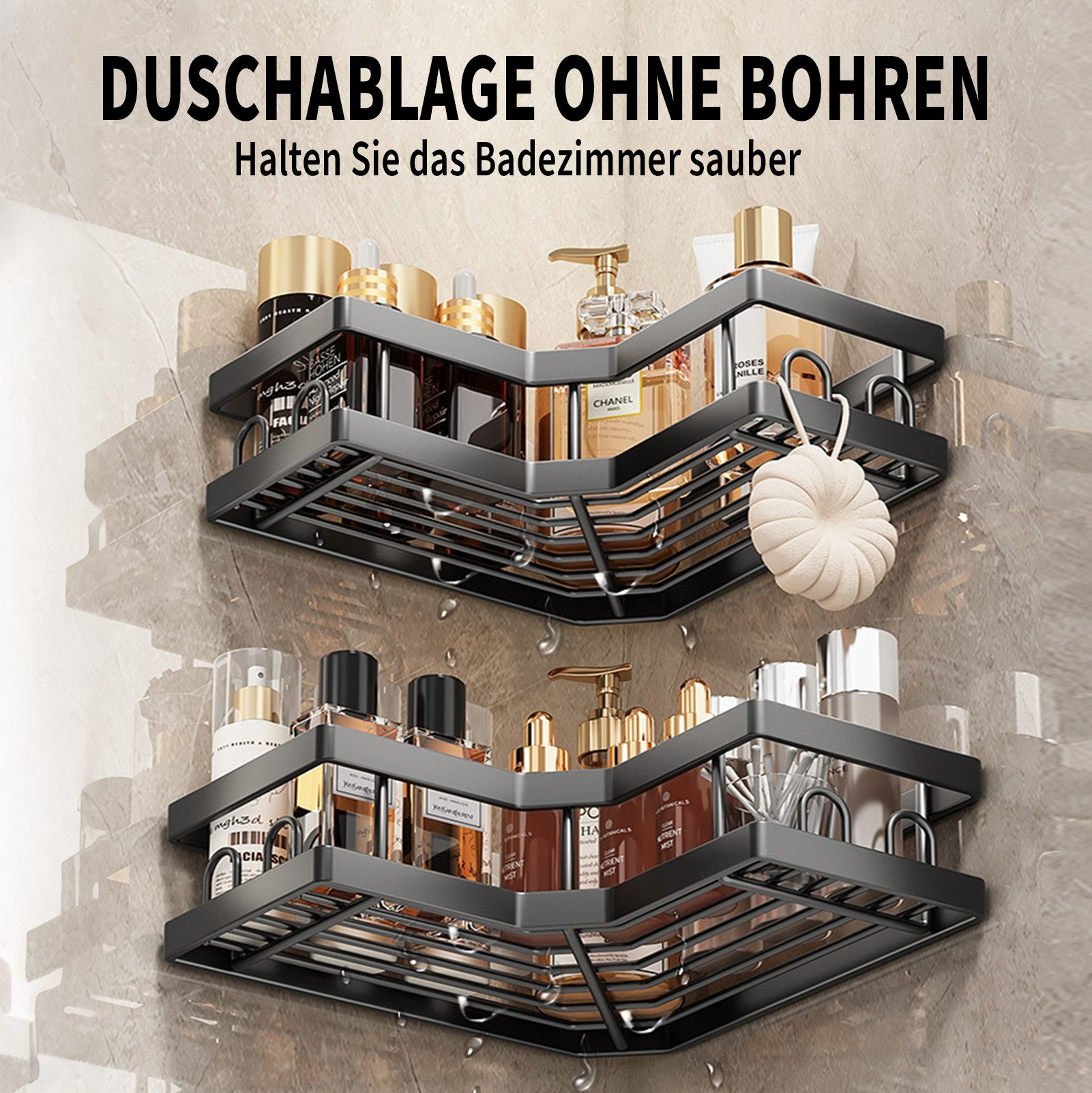 Esun Duschablage Duschablage Ohne Bohren, Duschregal, Kohlenstoffstahl Badregal 5 St., Set, Duschablage Ohne Bohren