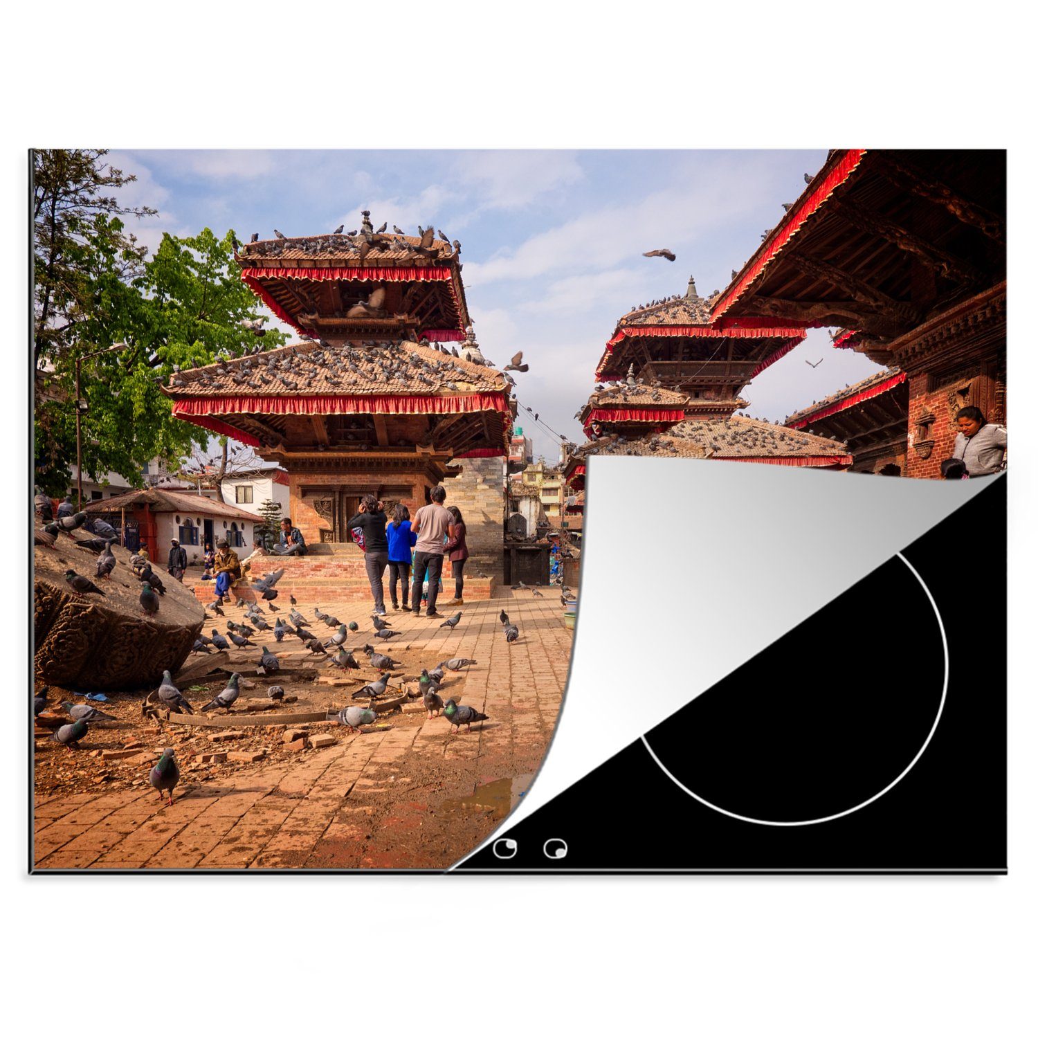 MuchoWow Herdblende-/Abdeckplatte Der Durbar Square und Nepal in tlg), Ceranfeldabdeckung Arbeitsfläche Mobile Kathmandu cm, voller 70x52 in Menschen nutzbar, (1 Vinyl, Tauben