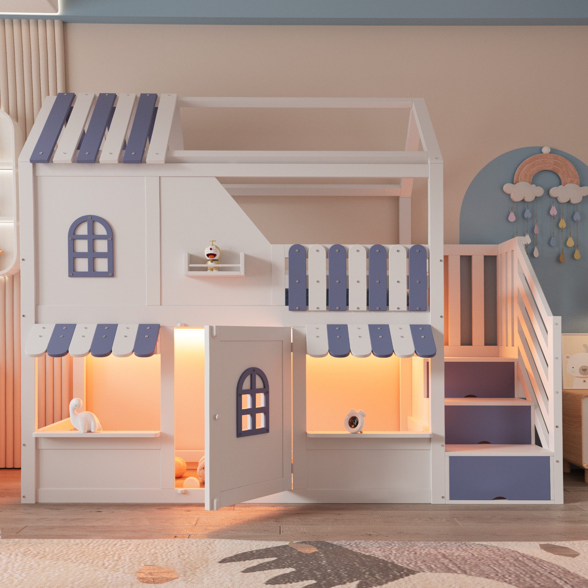 MODFU Kinderbett mit Stauraumleiter, LED-Beleuchtung und Regalen (Stauraumbett Hochbett mit Fenstern, Dachüberstand und Tür, Jugendbett 90 x 200 cm), ohne Matratze