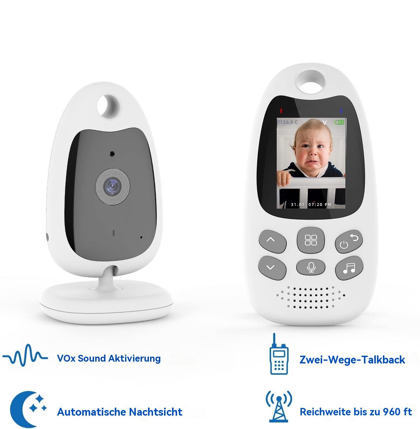 Boifun Video-Babyphone Tragbares Babyphone Babyphone Mit Kamera, 2" Video Baby Monitor Kamera Und Audio Babyphone Mit Vox Funktion Babyphon Kamera, Gegensprechfunktion Nachtsicht Temperaturüberwachung Schlaflieder, 720p Intelligentes Standby
