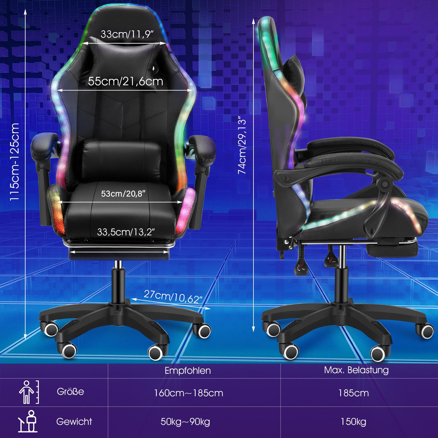 oyajia Gaming-Stuhl Gaming Chair LED, RGB Computerstuhl mit Fußstütze und Lendenkissen, Racing Gamer Stuhl Ergonomisch,mit Verstellbare Kopfstütze,Bürostuhl