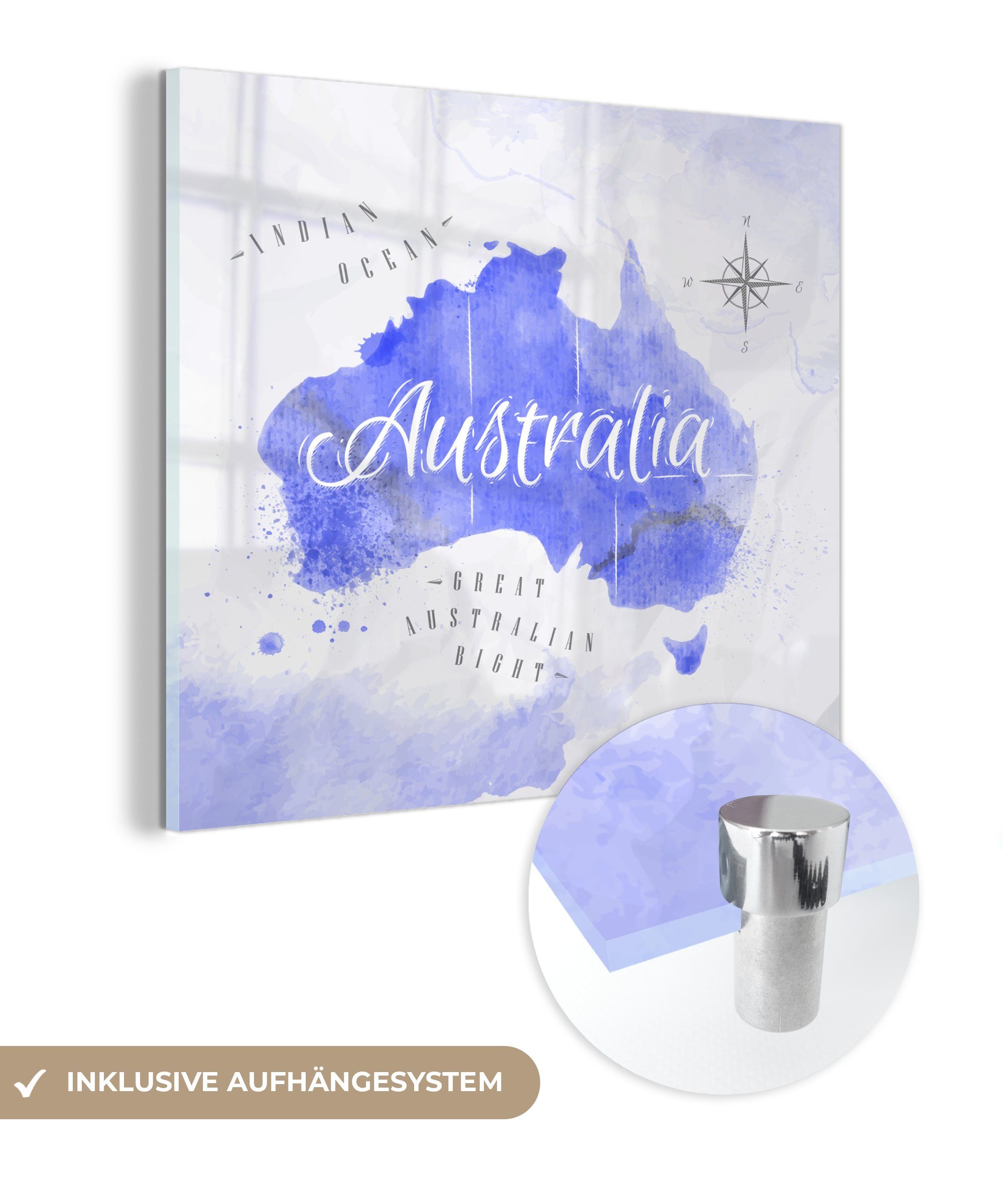 MuchoWow Acrylglasbild Weltkarte - Australien - Blau, (1 St), Glasbilder - Bilder auf Glas Wandbild - Foto auf Glas - Wanddekoration