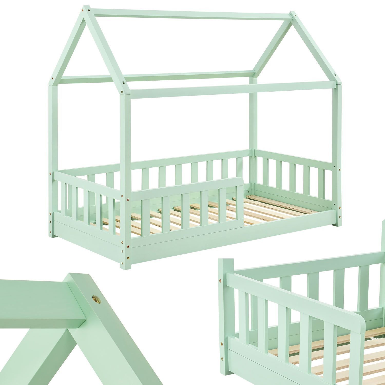 Juskys Kinderbett Marli, 80x160 cm, Hausoptik mit Dach, Holz, Rausfallschutz, 3 - 10 Jahren