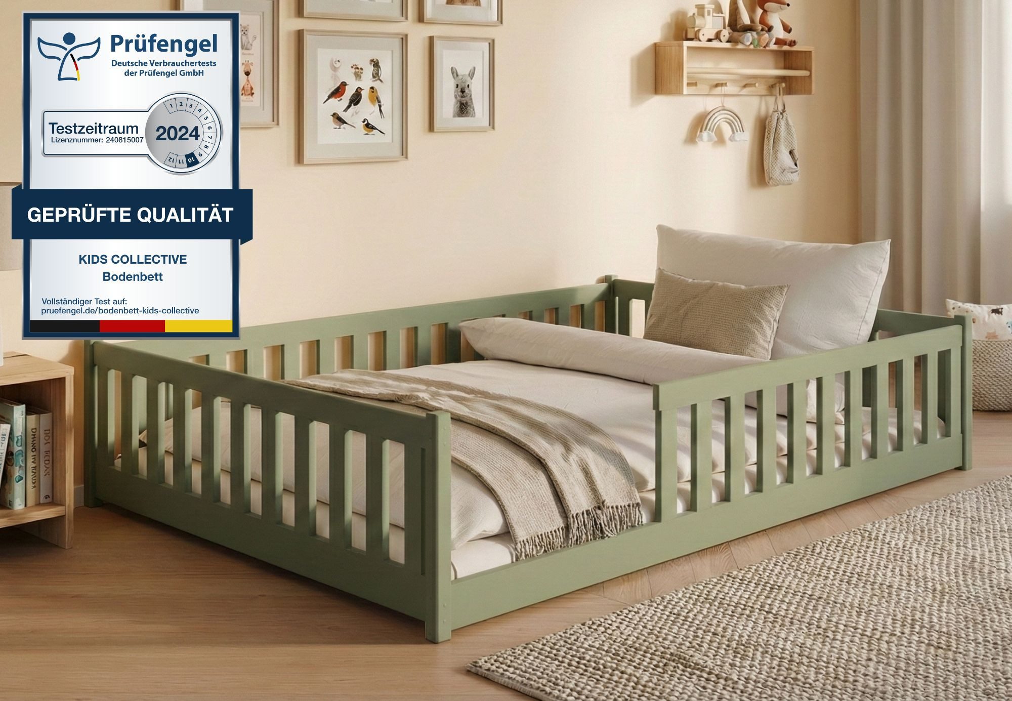 Kids Collective Kinderbett Bodenbett Bett mit Rausfallschutz & Lattenrost Montessori Bett Kinder (Jungen, Mädchen, Kinder, weitere Größen 80x160, 80x180, 90x190, 90x200, 120x200 cm), Jugendbett Gitterbett Einzelbett, Olivgrün Kiefer 140x200 cm