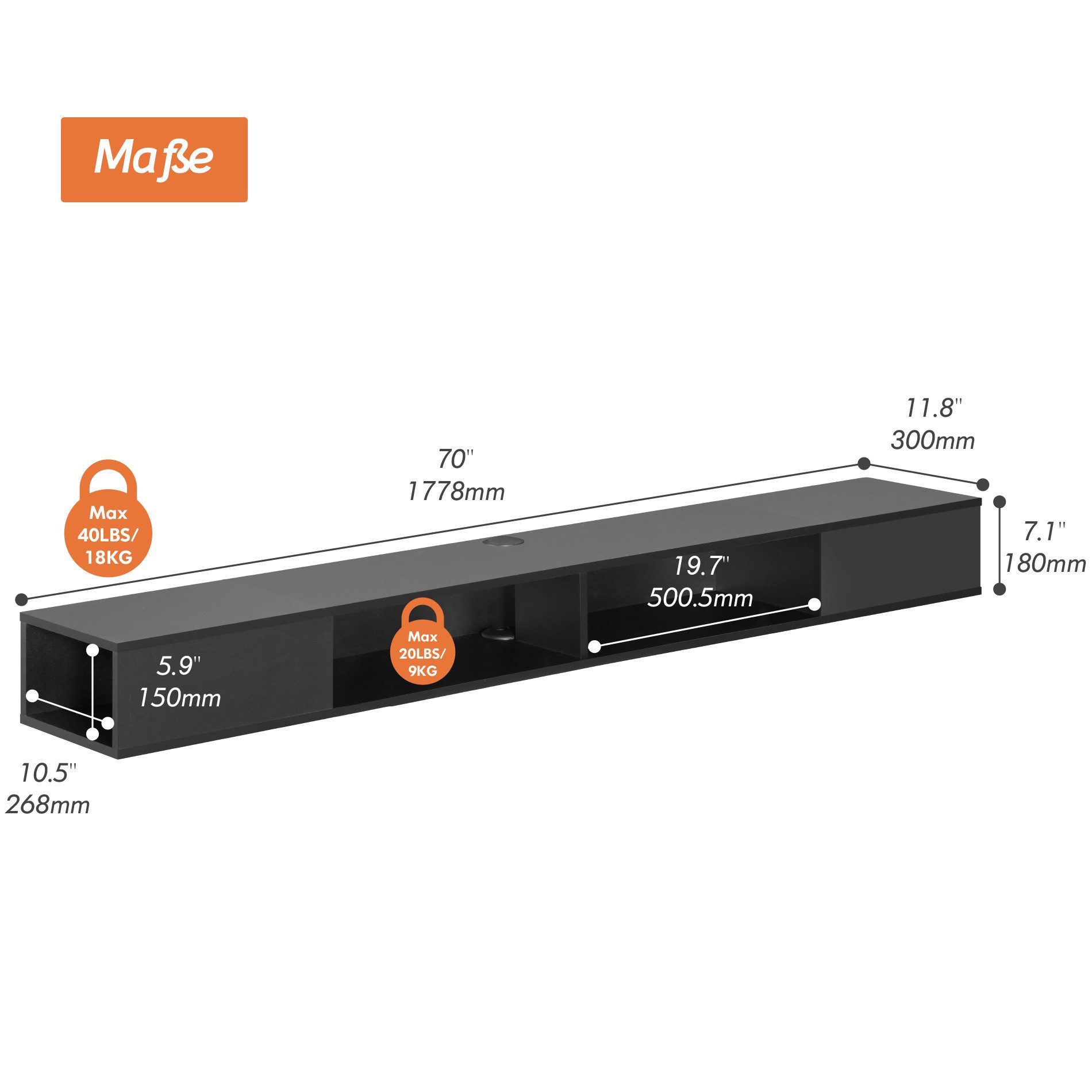 WAMPAT Lowboard ca. 180 cm breiter hängender TV-Schrank mit 4 Fächern (für Fernseher bis 80 Zoll, mit LED-Beleuchtung), TV Board, offene Seiten