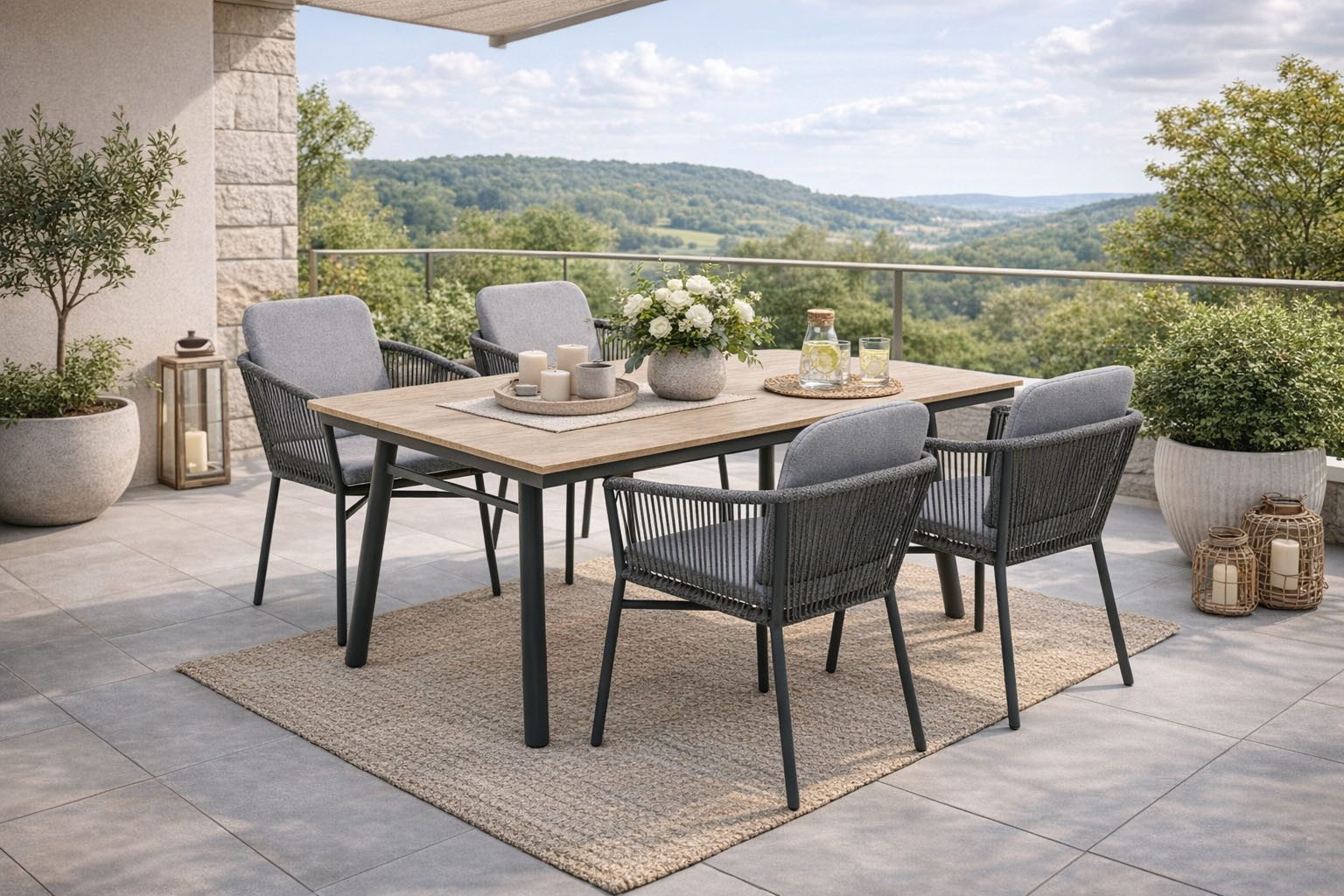 Destiny Garten-Essgruppe LIMONE SAN MARINO 4 Se + Tisch 180x90cm, holzf./ grau, (Set, 5-tlg., 4 Stapelsessel inkl. Polster, 1 Tisch), Aluminium, Rope, Polywood