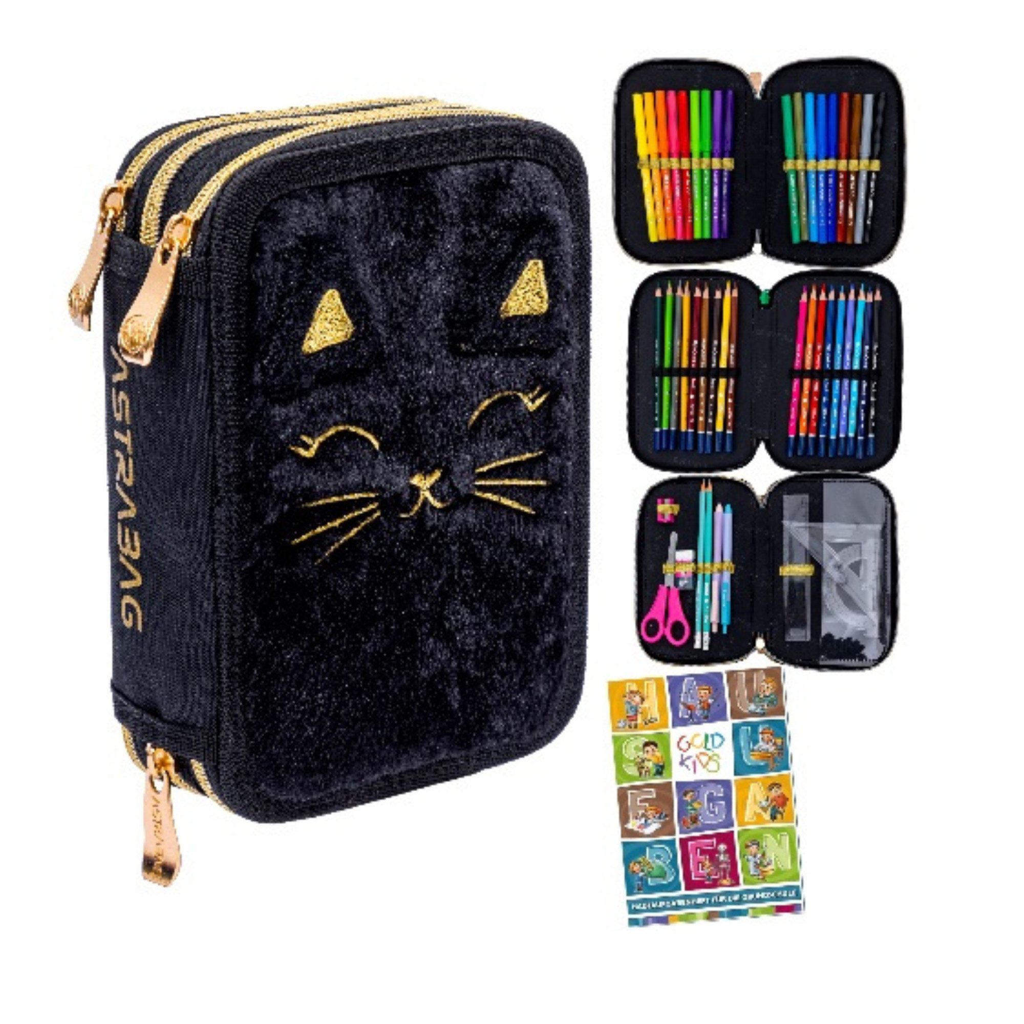 GOLDKIDS Federmäppchen 3 Fächer - Mäppchen für Mädchen -, (Federmappe, 3-Fach Federtasche Gefüllte Schüleretui Schulmäppchen), und Hausaufgabenheft - Plüschkatze