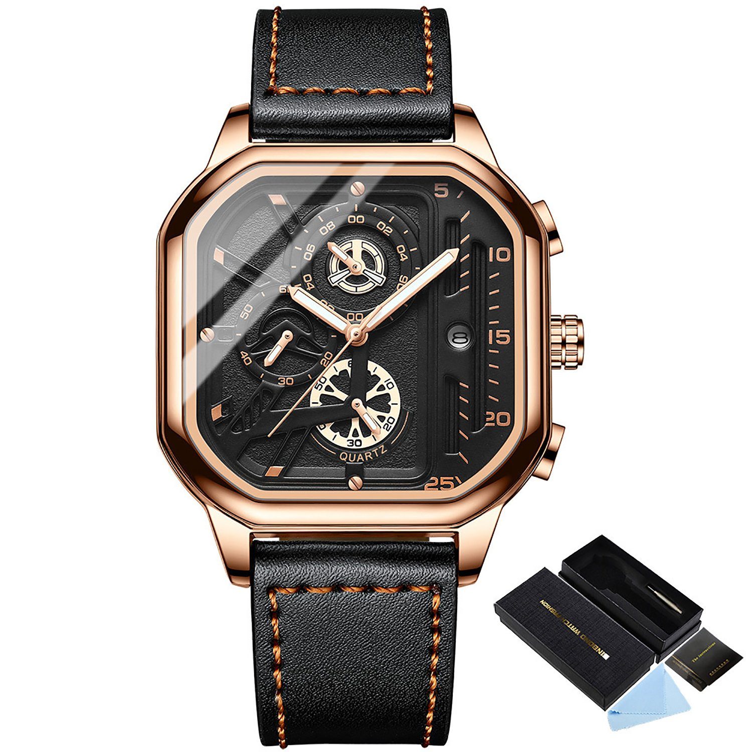 Leuchtende täglich leder MAGICSHE Wasserdicht Quarzuhr Armbanduhr Rosegold-Schwarz Band