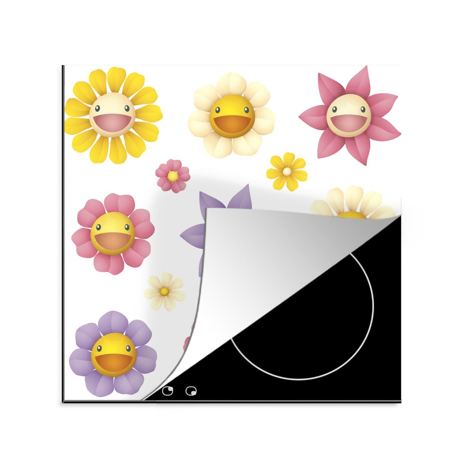 MuchoWow Herdblende-/Abdeckplatte Kinder Illustration von lächelnden Blumen, Vinyl, (1 tlg), 78x78 cm, Ceranfeldabdeckung, Arbeitsplatte für küche