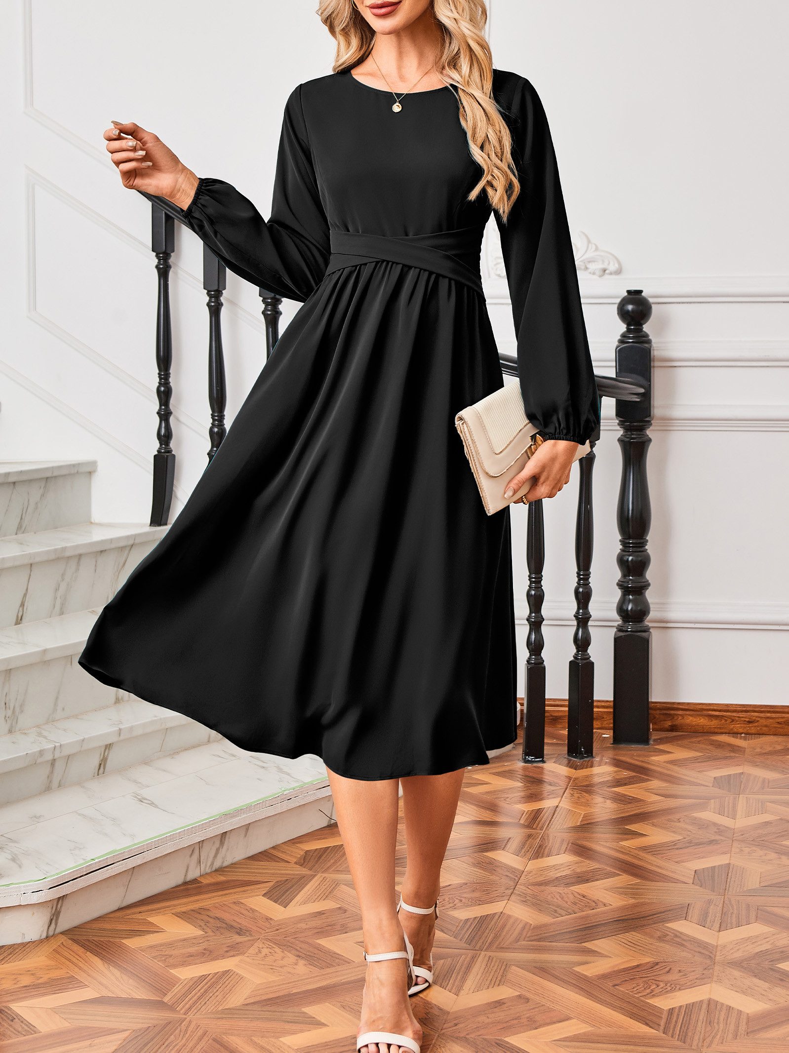 Beluring Midikleid Damen Midikleid 100% Polyester Langarm Taillenkleid für günstig online kaufen