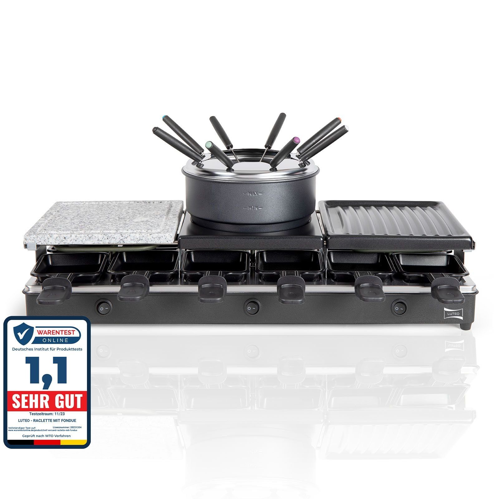 LUTEO Fondue LUTEO Raclette mit Fondue 12 Personen 3in1 Tischgrill 1650 W MRG1013, 12 Fonduegabeln, 1,60 l, 3 unabhängige Schalter, 3 austauschbare Grillplatten, 12 Pfännchen