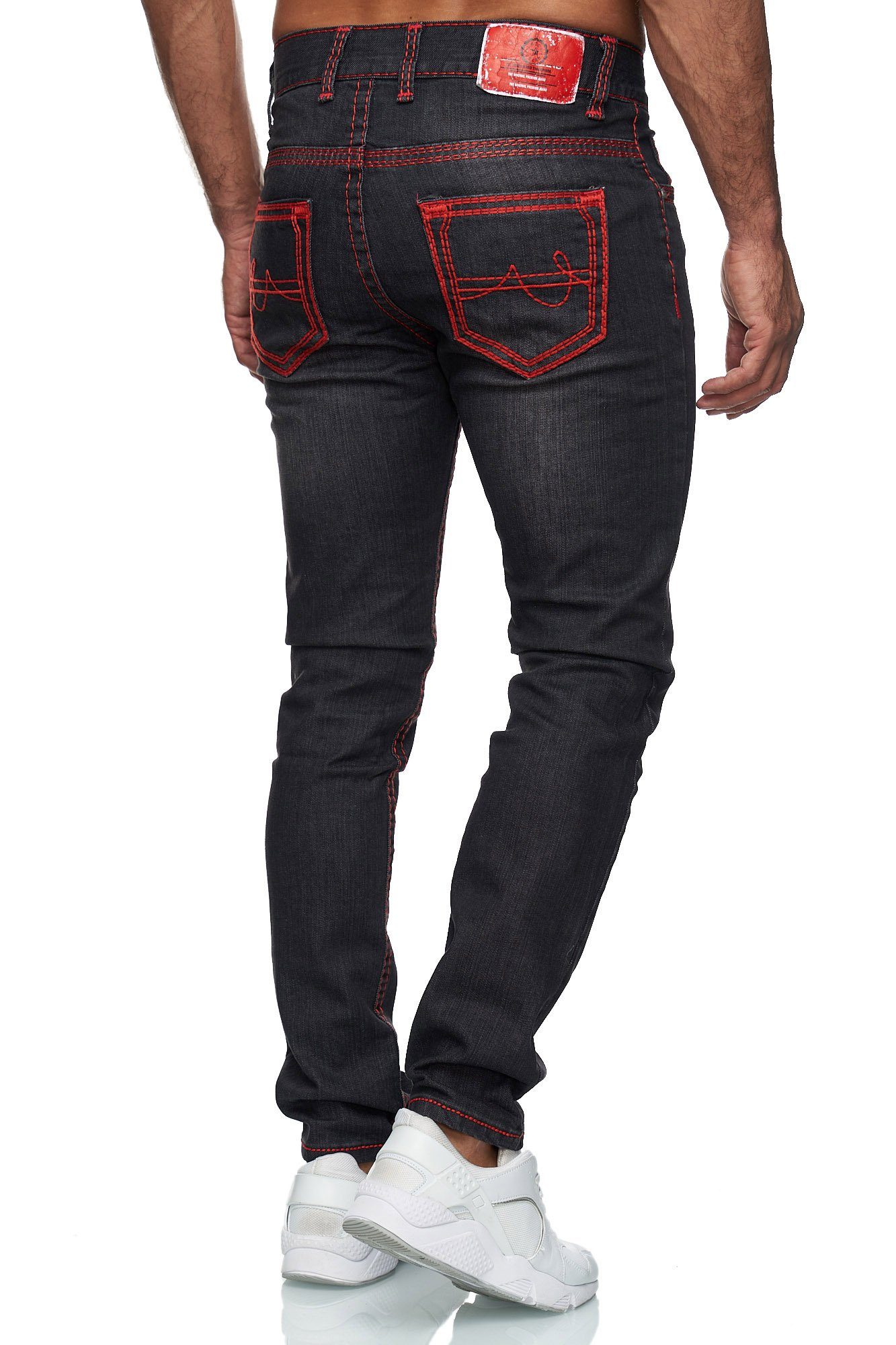 Baxboy Regular-fit-Jeans Herren Neon-Naht Stretch Straight 9574 Denim Fit Dicke Jeans Schwarz_Rot Stonewashed
