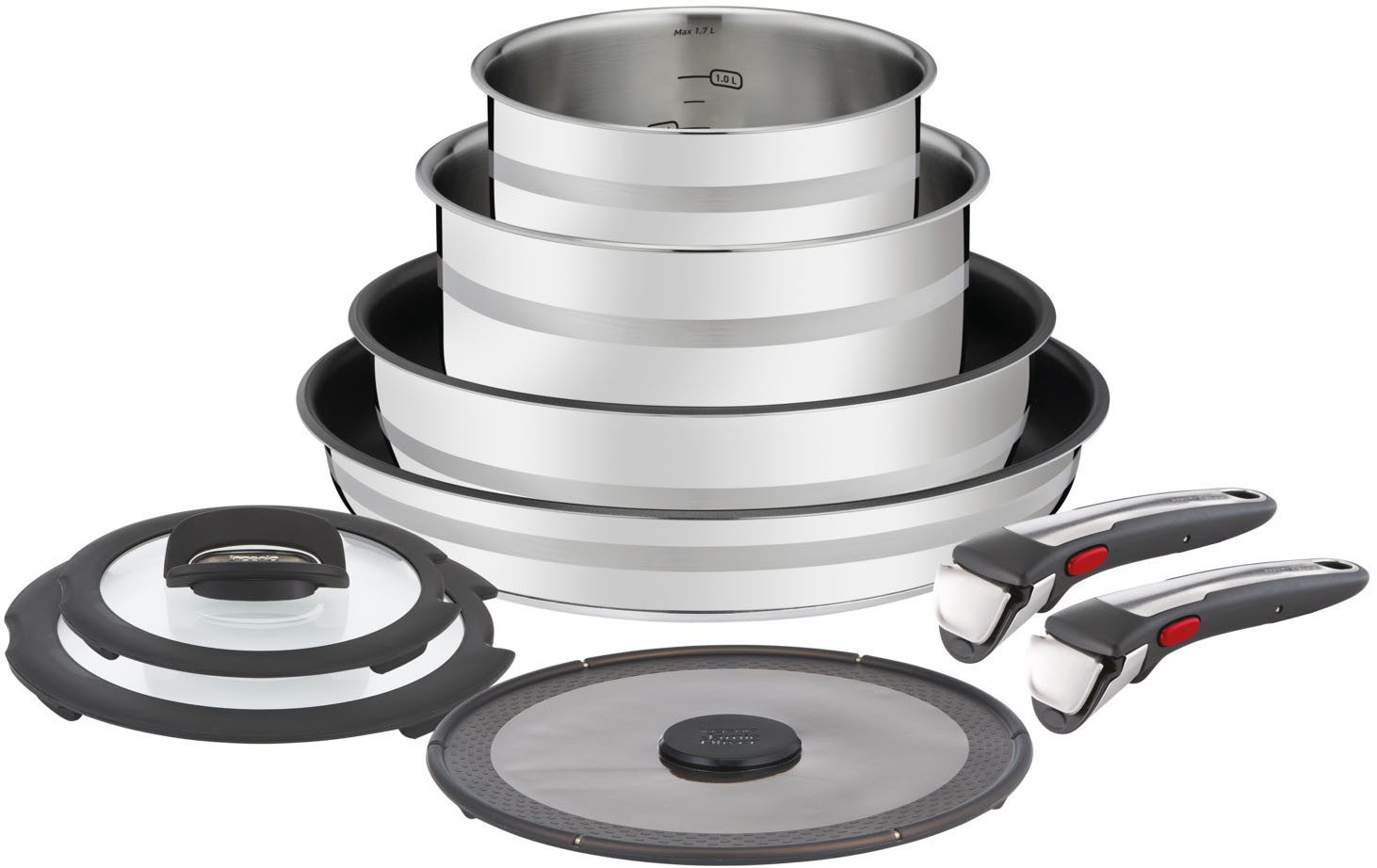 Tefal Pfannen-Set Jamie Oliver Ingenio, Pfannenset abnehmbarer Griff, antihaftversiegelt, Edelstahl (Set, 9-tlg., 2x Pfannen Ø 24/28 cm, 2x Kasserollen Ø 16/20 cm, 3x Deckel, 2x Griffe), stapelbar, platzsparend, einfache Reinigung, Induktion, L97699