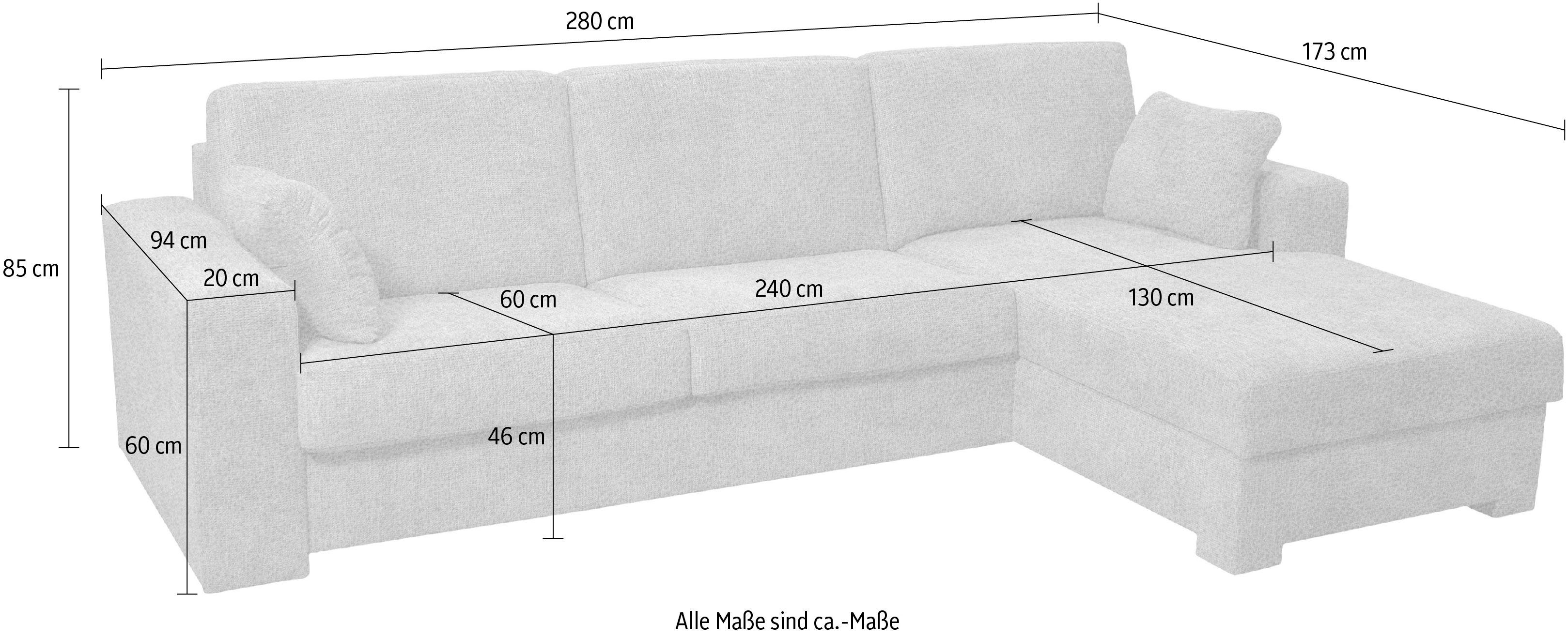 Home affaire Ecksofa mit Liegemaße Roma "M", 143x198 Dauerschlaffunktion, ca cm Unterfederung