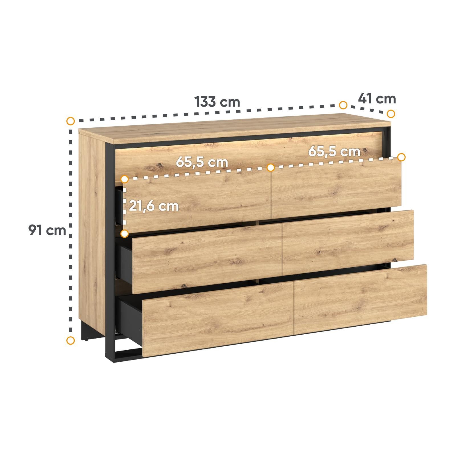 HAUSELEMENT Kommode QUANT QS-04, 6 Schubladen LED-Beleuchtung Sideboard 133 cm Mehrzweckschrank