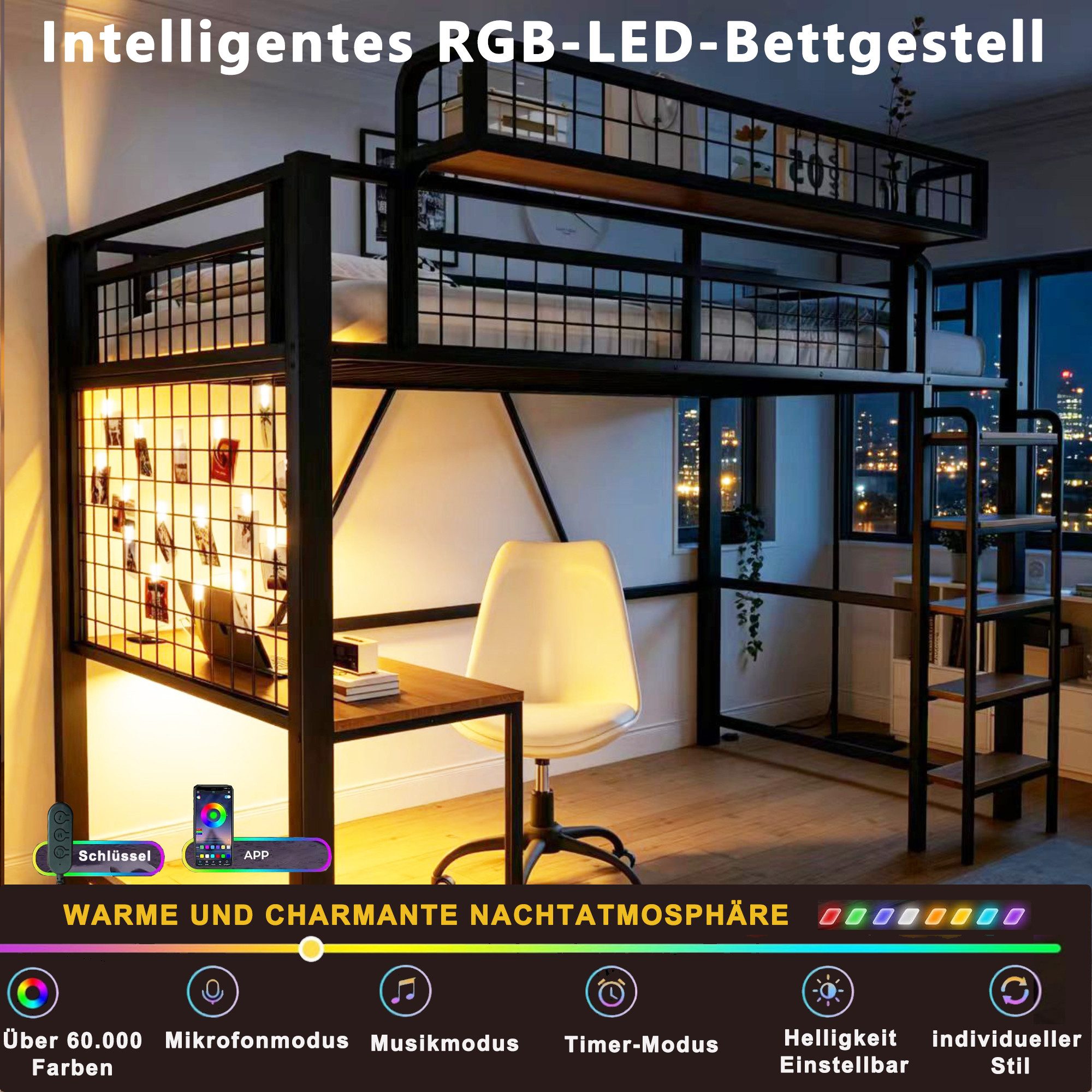 Celya Hochbett 90 x 200 cm, Mit Schreibtisch, LED-Beleuchtung und Steckdose (ohne Matratze, Mit Leiter und Sicherheitsgeländer) Mit Aufbewahrungsnetz, Abnehmbarem Ablagekorb