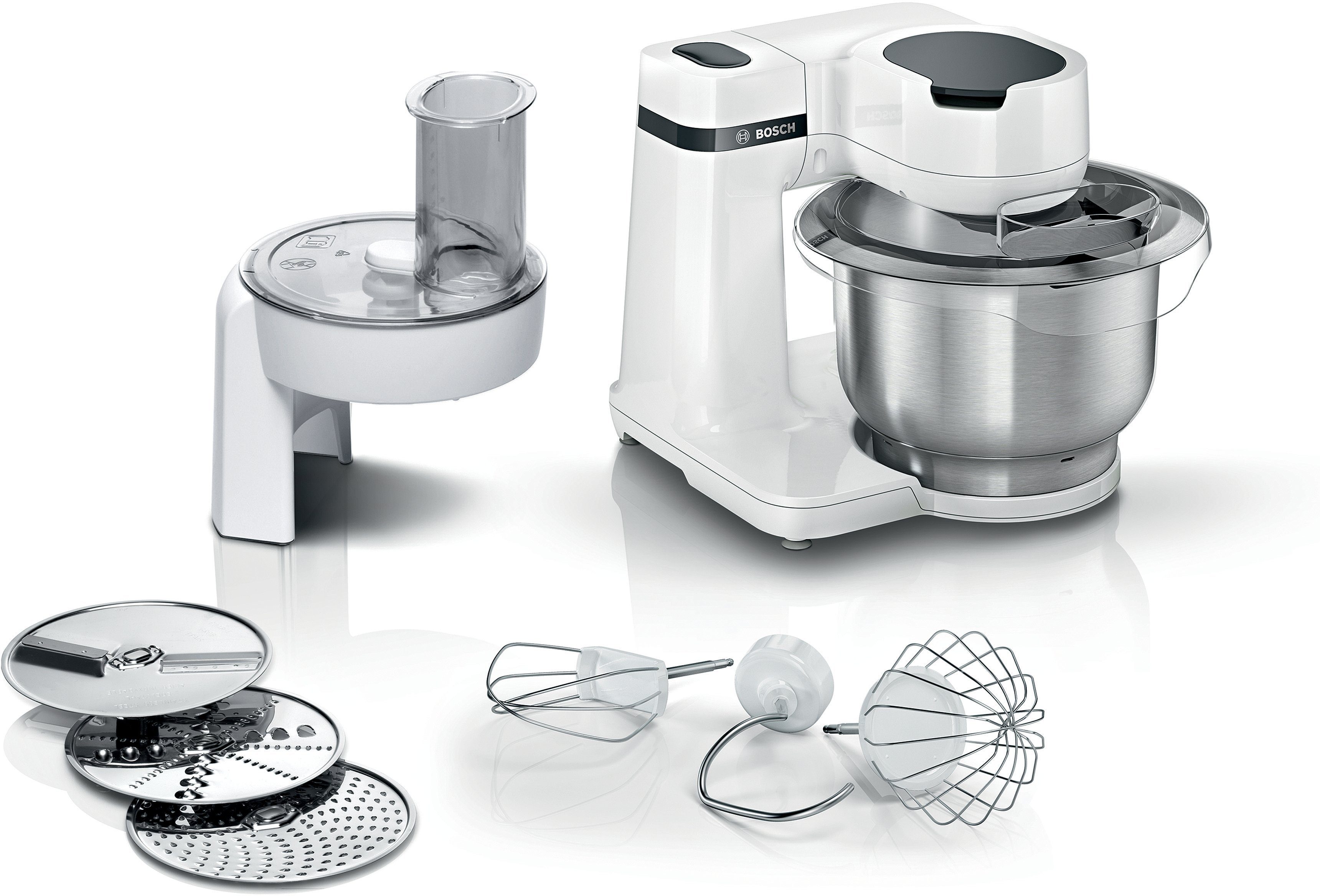BOSCH Küchenmaschine Serie 2 MUMS2EW01, Edelstahlschüssel, Durchlaufschnitzler, Deckel, 700 W, 3,8 l Schüssel, Durchlaufschnitzler, 3 Reibescheiben, Patisserieset Edelstahl