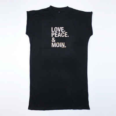 goldmarie T-Shirt LOVE PEACE MOIN extra lang geschnitten schwarz Leo Print mit Frontprint