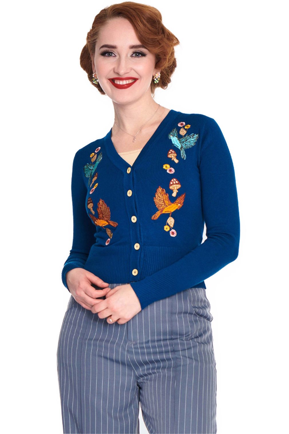 Voodoo Vixen Strickjacke Blue Woodland Cardigan Retro Vintage Blumen Vögel Pilze