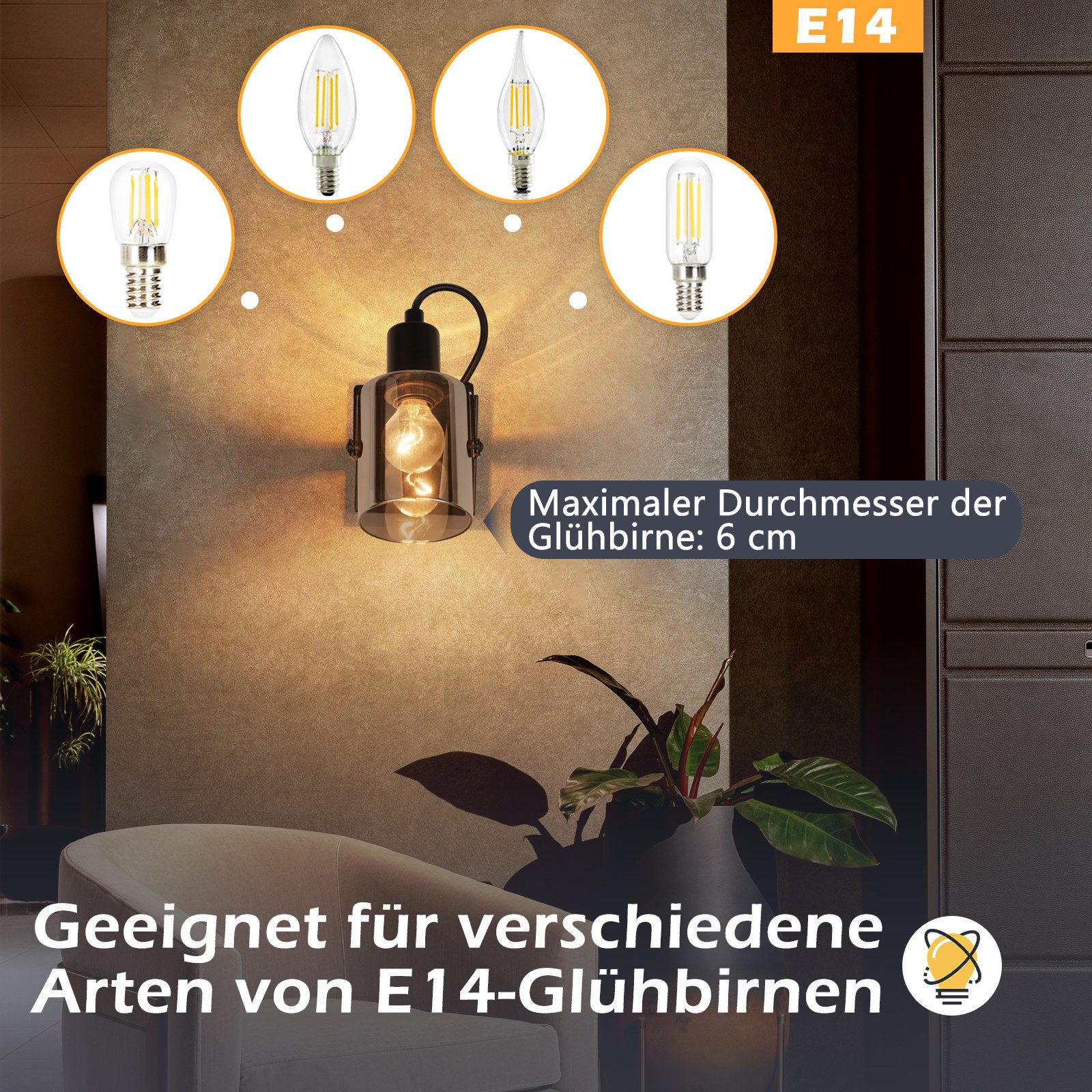 ZMH Deckenstrahler 1 Flammig - Retro Rauchgrau Glas E14 Deckenlampe Schlafzimmer Flur, Max. 40W, ohne Leuchtmittel