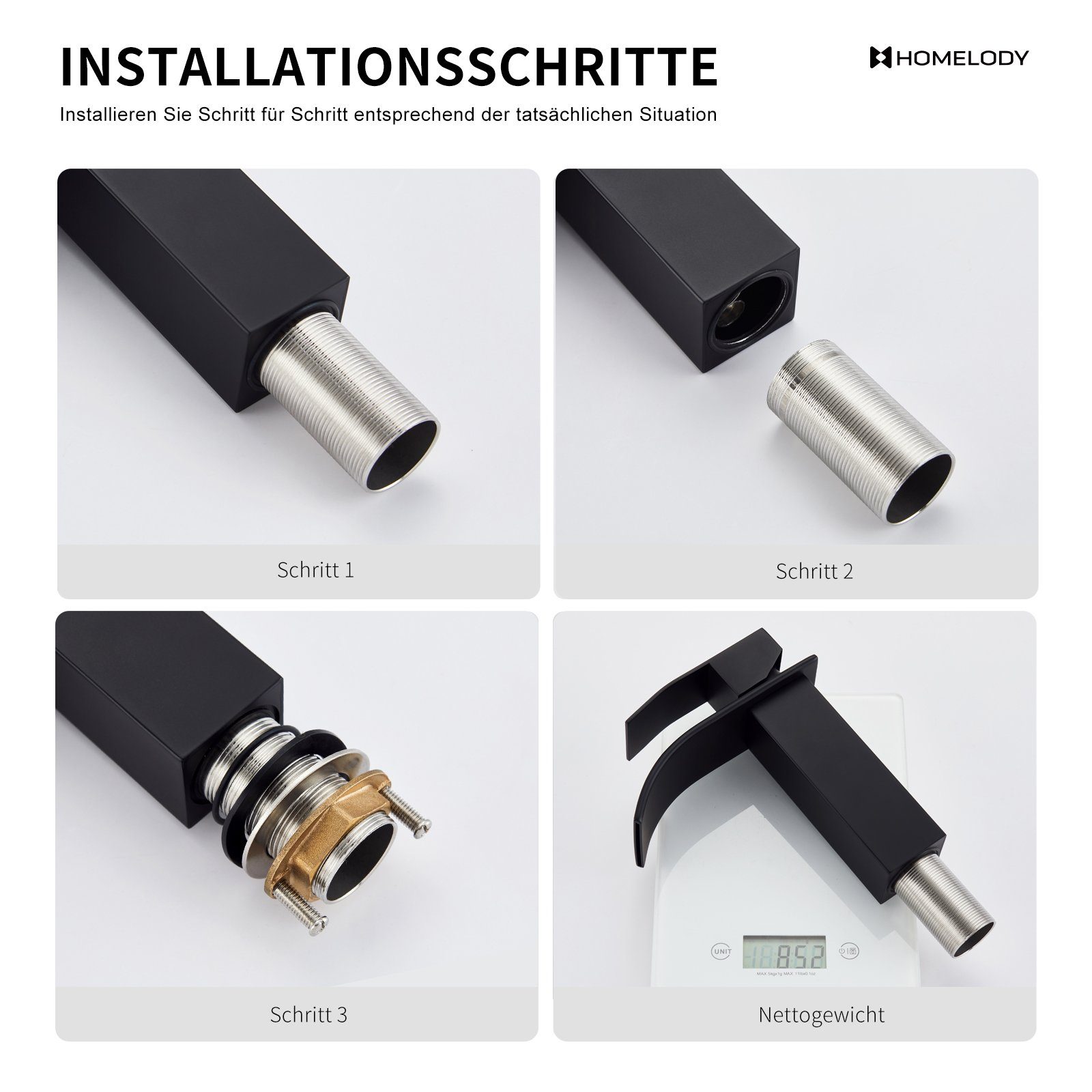 HOMELODY Waschtischarmatur Wasserfall Waschtischarmatur Badarmatur Mischbatterie Einhandmischer Waschbecken Armatur,Schwarz,Messing