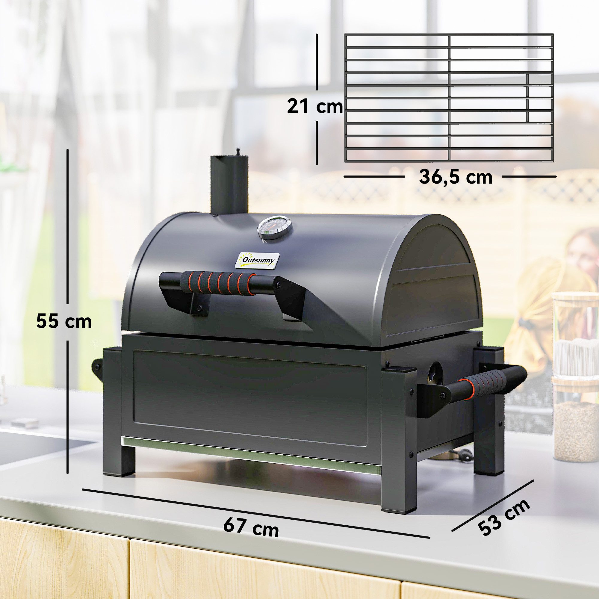 Outsunny Holzkohlegrill Campinggrill mit Grillrost, Kohleschale, Thermometer, Tischholzgrill, Tischgrill, für Picknick, Garten, Schwarz, 67 x 53 x 55 cm