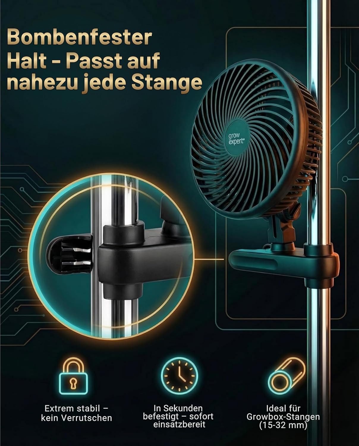 Grow Expert Wandventilator Grow Clip-Ventilator EC-Motor, 10 Stufen leiser Umluftventilator, 20cm, 560 m³/h Power + 32 dB leise – Maximale Kraft, Minimale Lautstärke