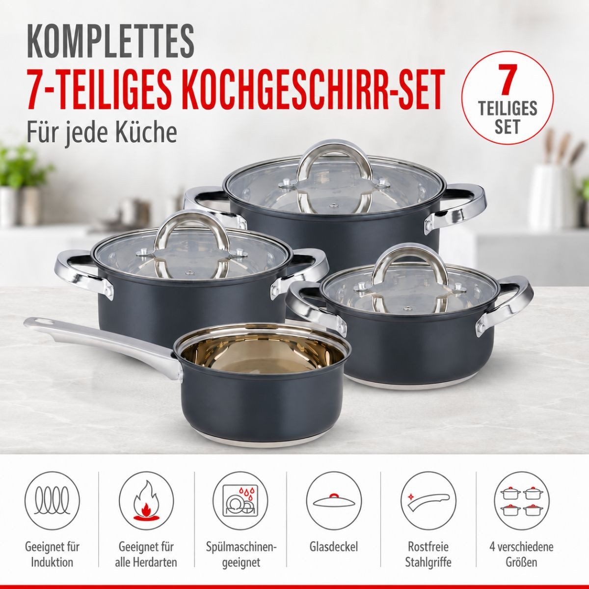Alpina Pfannen-Set Alpina Pfannenset 7-teilig - Edelstahl Pfannenset mit Glasdeckel