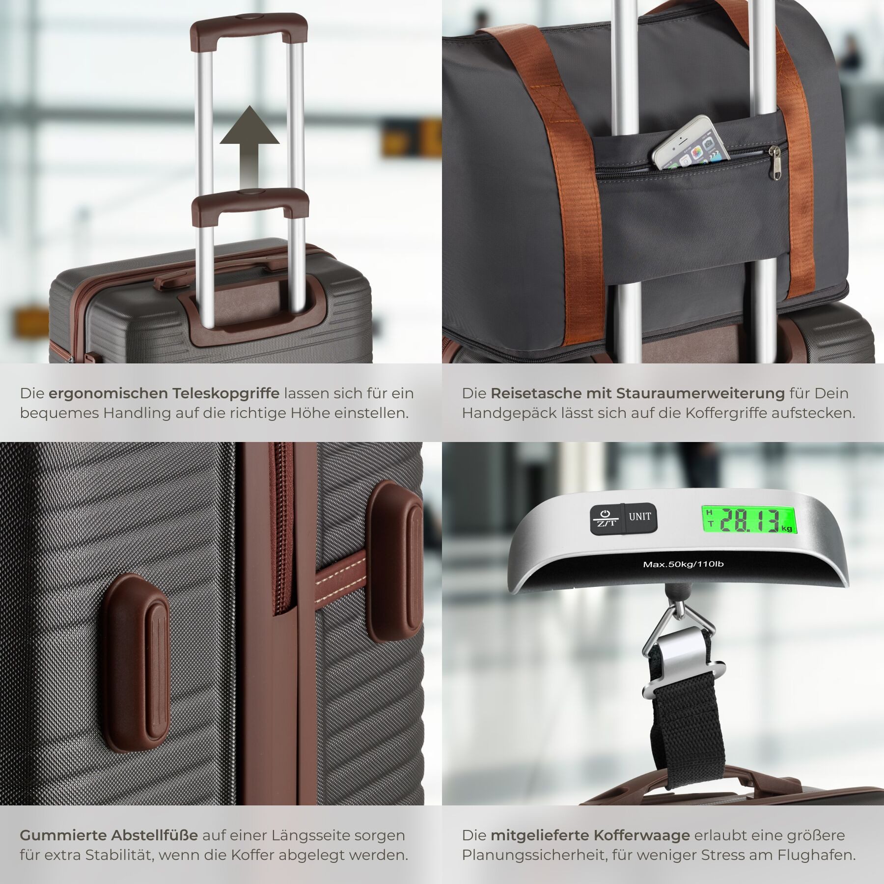tectake Trolley Hartschalenkoffer-Set 13-tlg. robuster ABS-Kunststoff mit, 4 Rollen, TSA-Sicherheitszahlenschloss, 360° drehbare, abnehmbare Doppelrollen