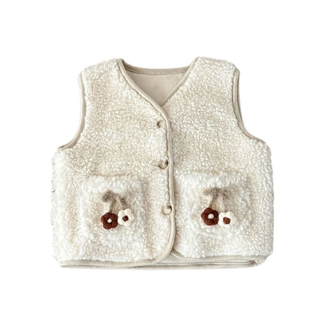 suebidou Plüschweste Süße Teddy Weste Sherpa Weste mit Blumen Applikation unifarben