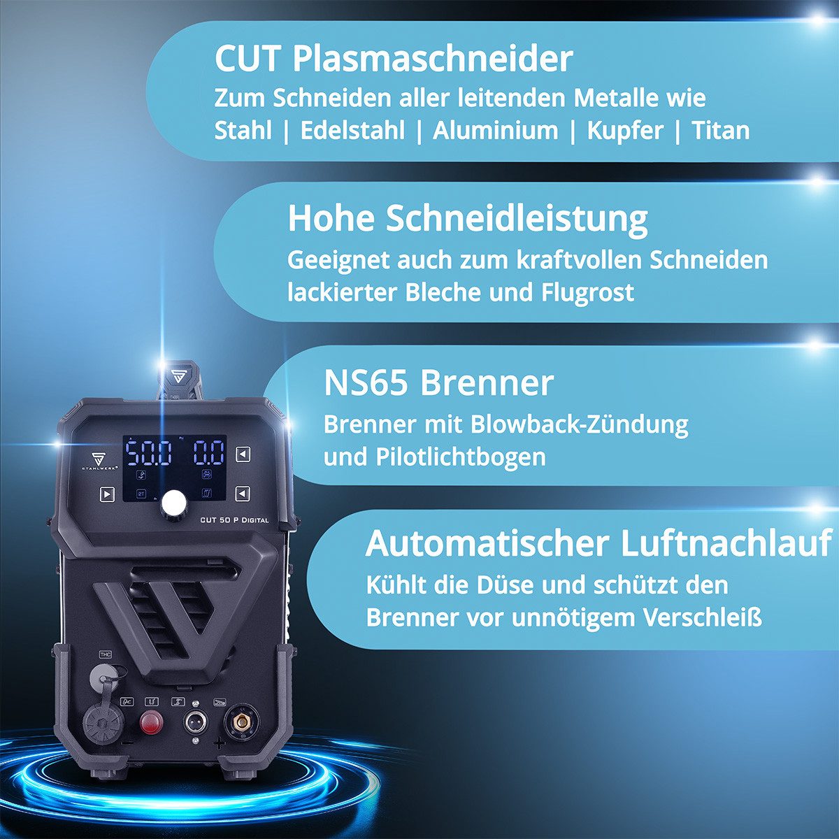 STAHLWERK Plasmaschneidegerät Plasmaschneider CUT 50 P Digital 50 Ampere 20 mm Schneidleistung THC, 15 - 50 A, Packung, 1-tlg., Einzelgerät, bis 14 mm Schneidleistung