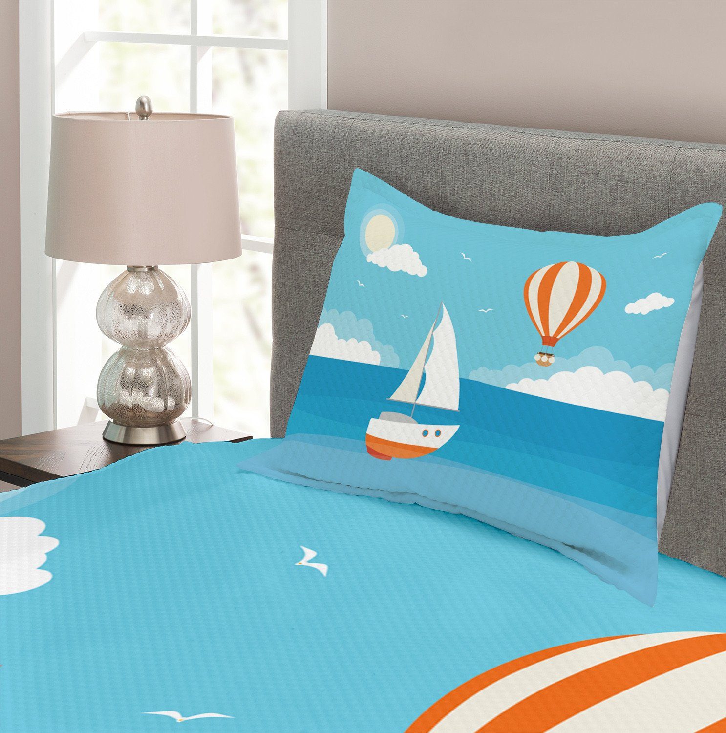 Boot Heißluftballon Abakuhaus, Tagesdecke Meer mit Set Urlaub Waschbar, Kissenbezügen