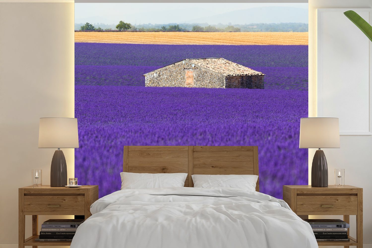MuchoWow Fototapete Großes Lavendelfeld mit einem kleinen Haus in der Mitte, Matt, bedruckt, (5 St), Vinyl Tapete für Wohnzimmer oder Schlafzimmer, Wandtapete