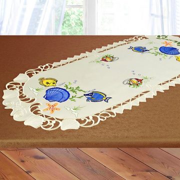 Delindo Lifestyle Tischläufer ZIERFISCHE, glattes -Gewebe, bestickt 180 g/m²
